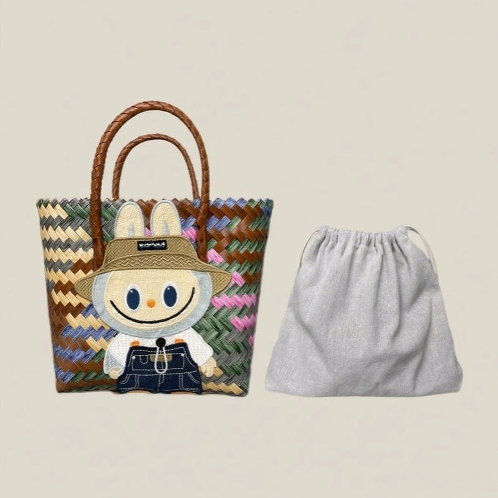 labubu Cute Cartoon Woven Tote Bag with Storage Pouch