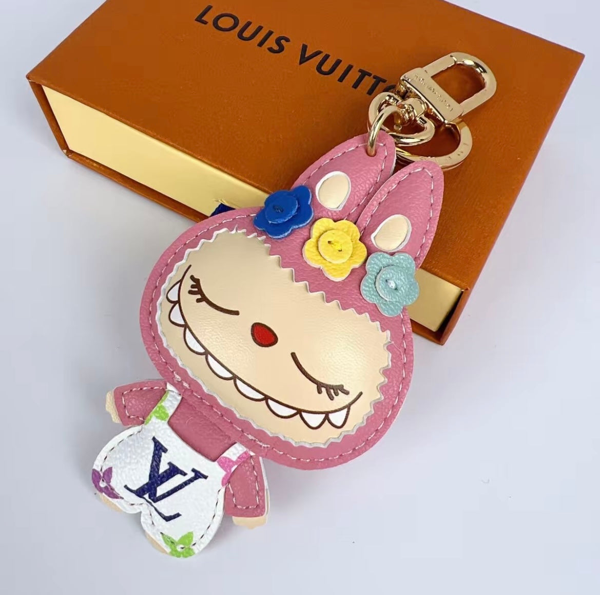 L- $ V Patchwork Labubu Luxury Leather Keychain