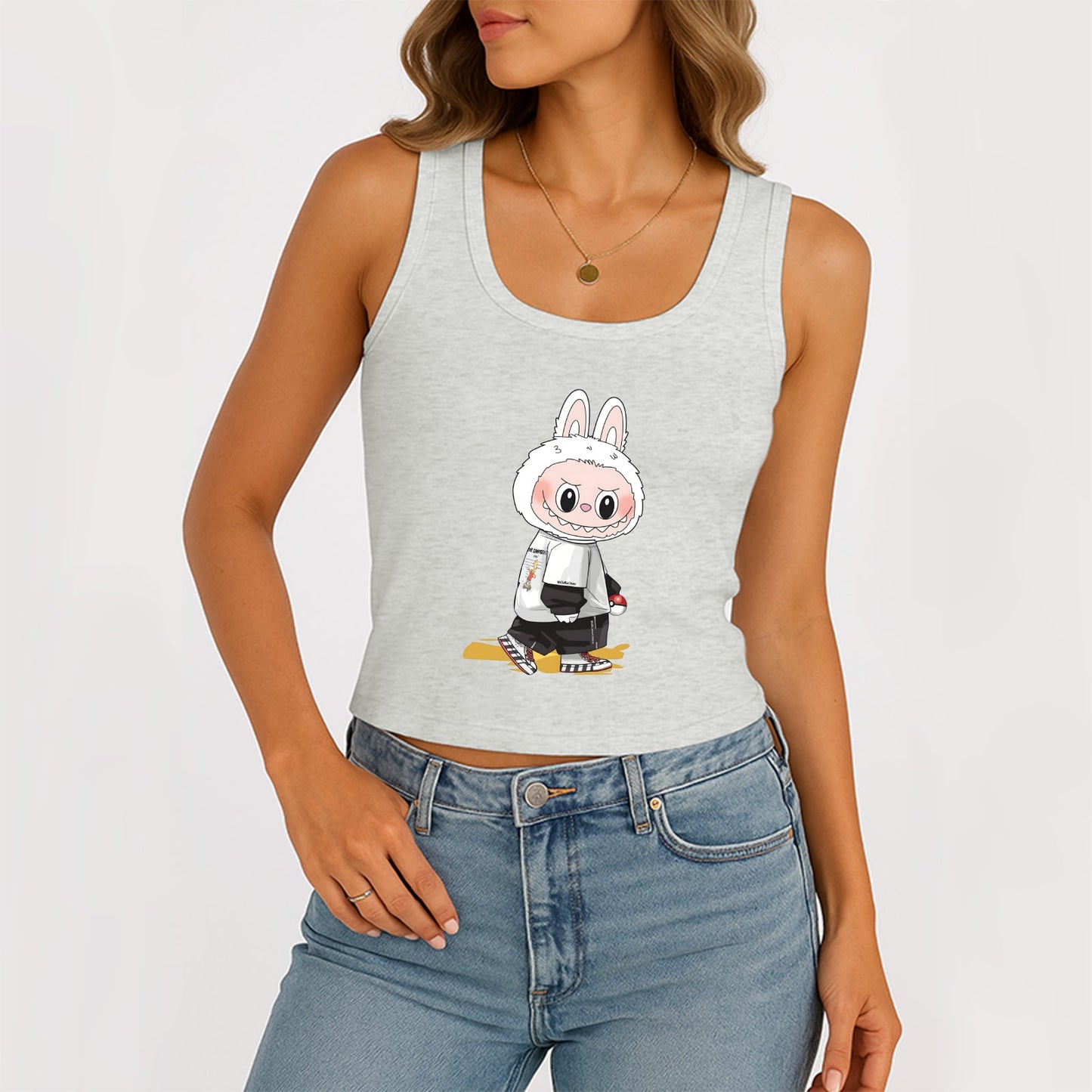 Cool Labubu The Monsters Dámské rukávy bez rukávů na kopeček žebrované nádrž Summer Slim Cute Tops pro Labubu Lover