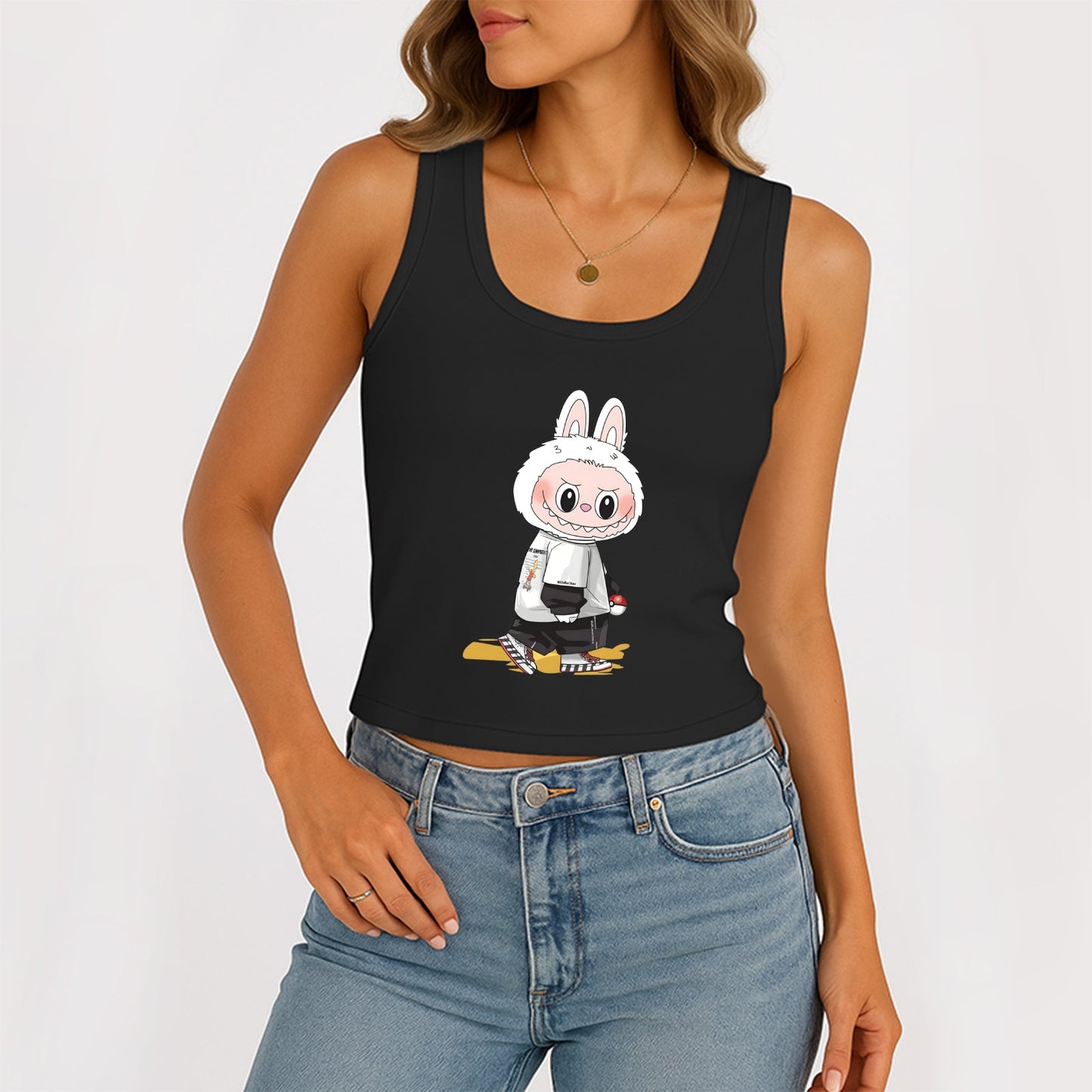 Cool Labubu The Monsters Dámské rukávy bez rukávů na kopeček žebrované nádrž Summer Slim Cute Tops pro Labubu Lover