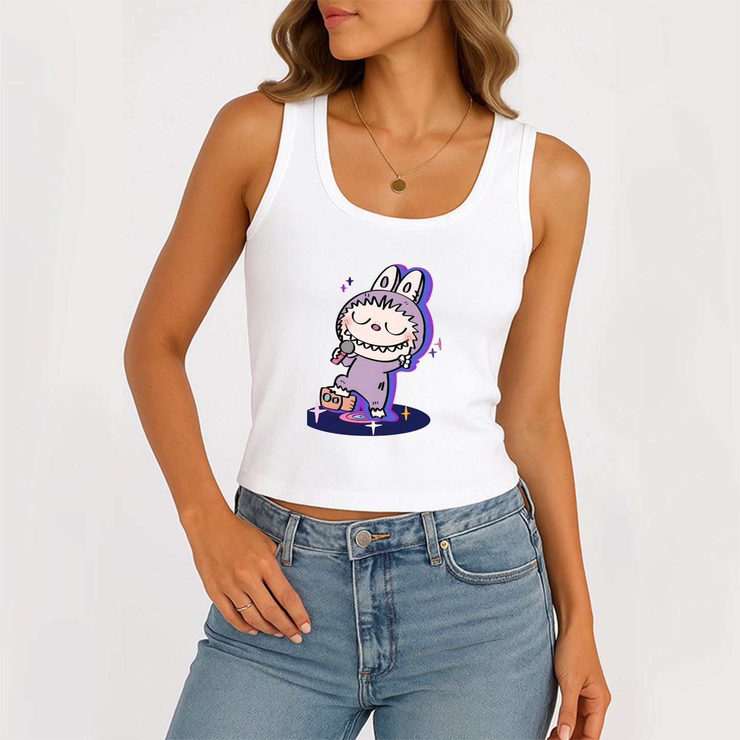 Happy LaBubu The Monsters Dámské rukávy bez rukávů na kopeček žebrované nádrž Summer Basic Slim Cute Tops pro Labubu Lover