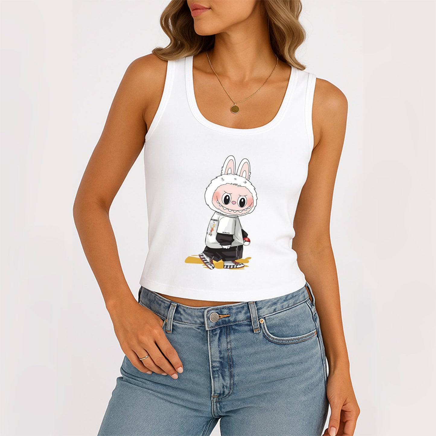 Cool Labubu The Monsters Dámské rukávy bez rukávů na kopeček žebrované nádrž Summer Slim Cute Tops pro Labubu Lover