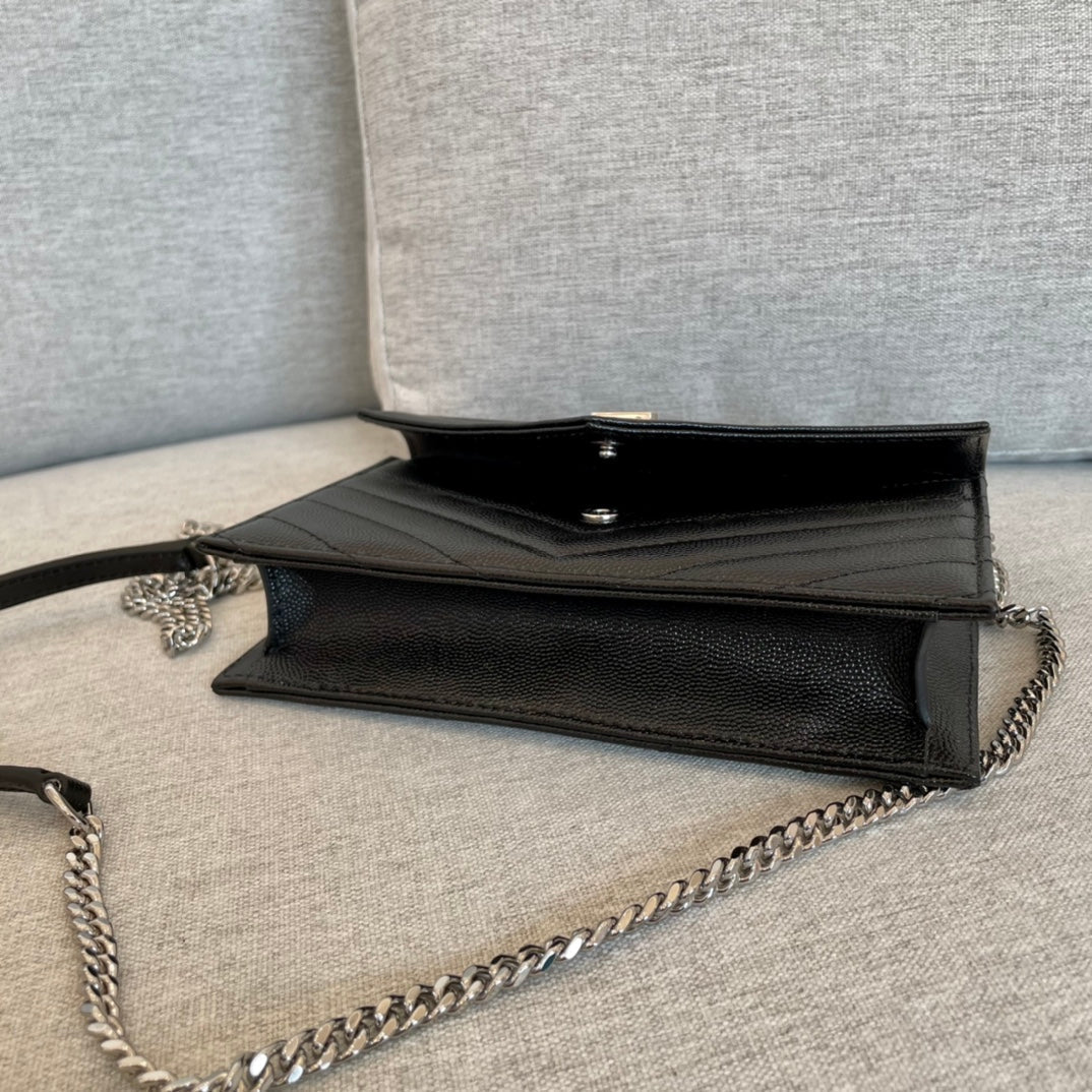 luxury Cassandre Envelope Chain Wallet Black Grain Leather 19x11.5x4 cm