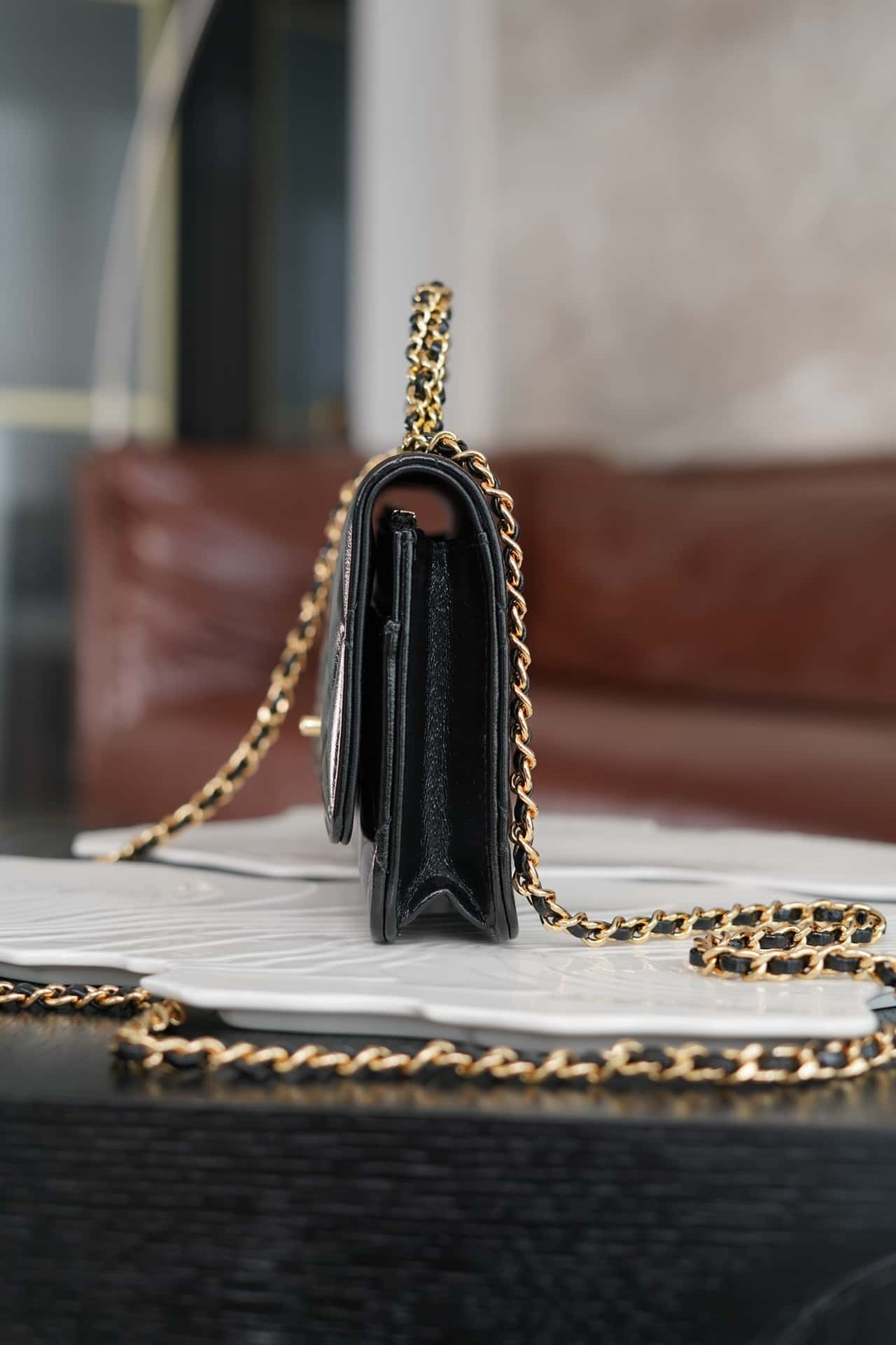 luxury 24B WOC Top Handle in Black Shiny Lambskin GHW