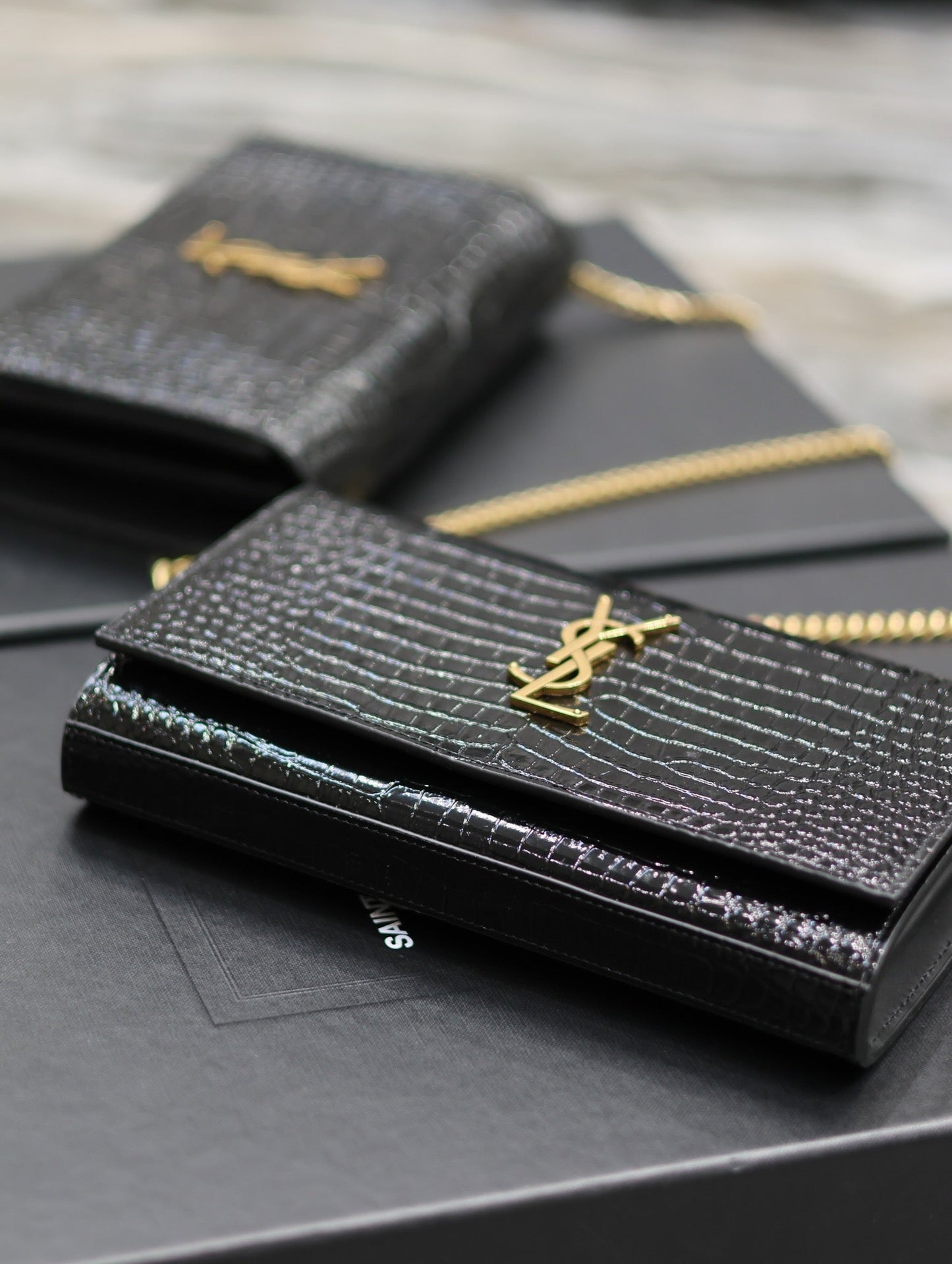luxury Kate Croc Embossed BLack Gold Hardware - 23x14x3cm
