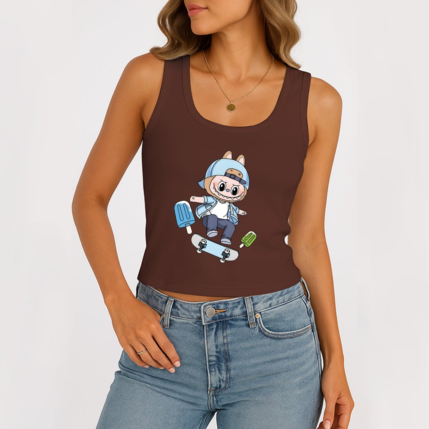 Skateboard LaBubu The Monsters Dámské rukávy bez rukávů na krk žebrované nádrž Summer Basic Slim Cute Tops pro Labubu Lover