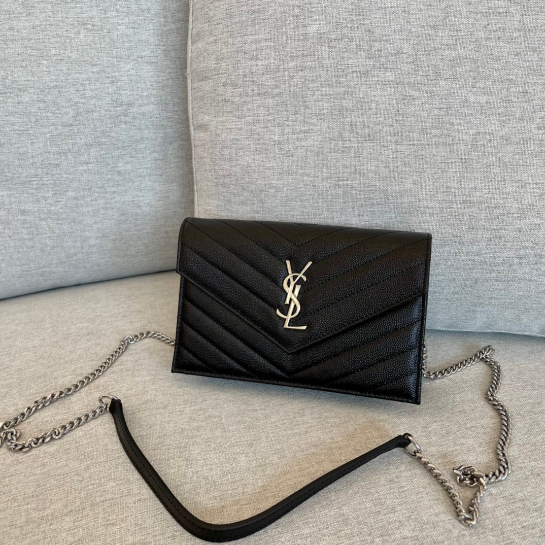 luxury Cassandre Envelope Chain Wallet Black Grain Leather 19x11.5x4 cm