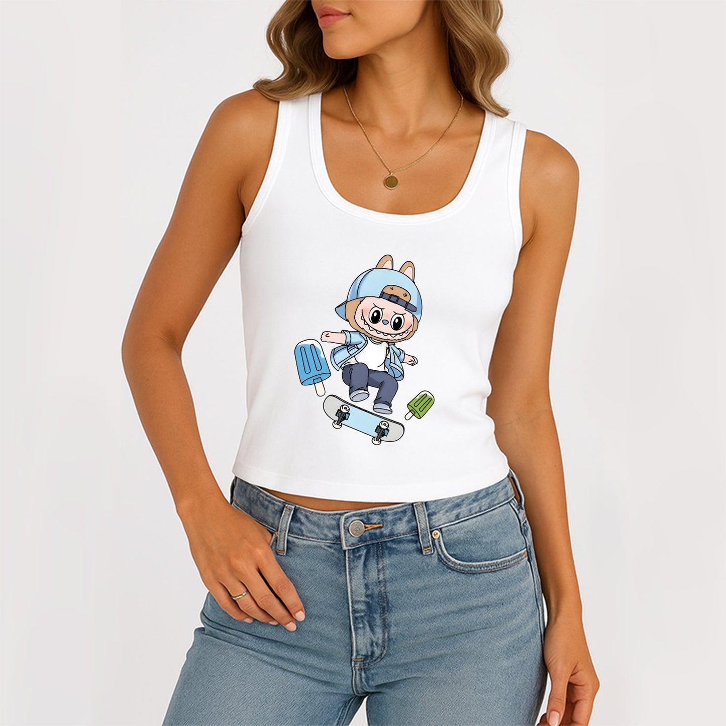 Skateboard LaBubu The Monsters Dámské rukávy bez rukávů na krk žebrované nádrž Summer Basic Slim Cute Tops pro Labubu Lover