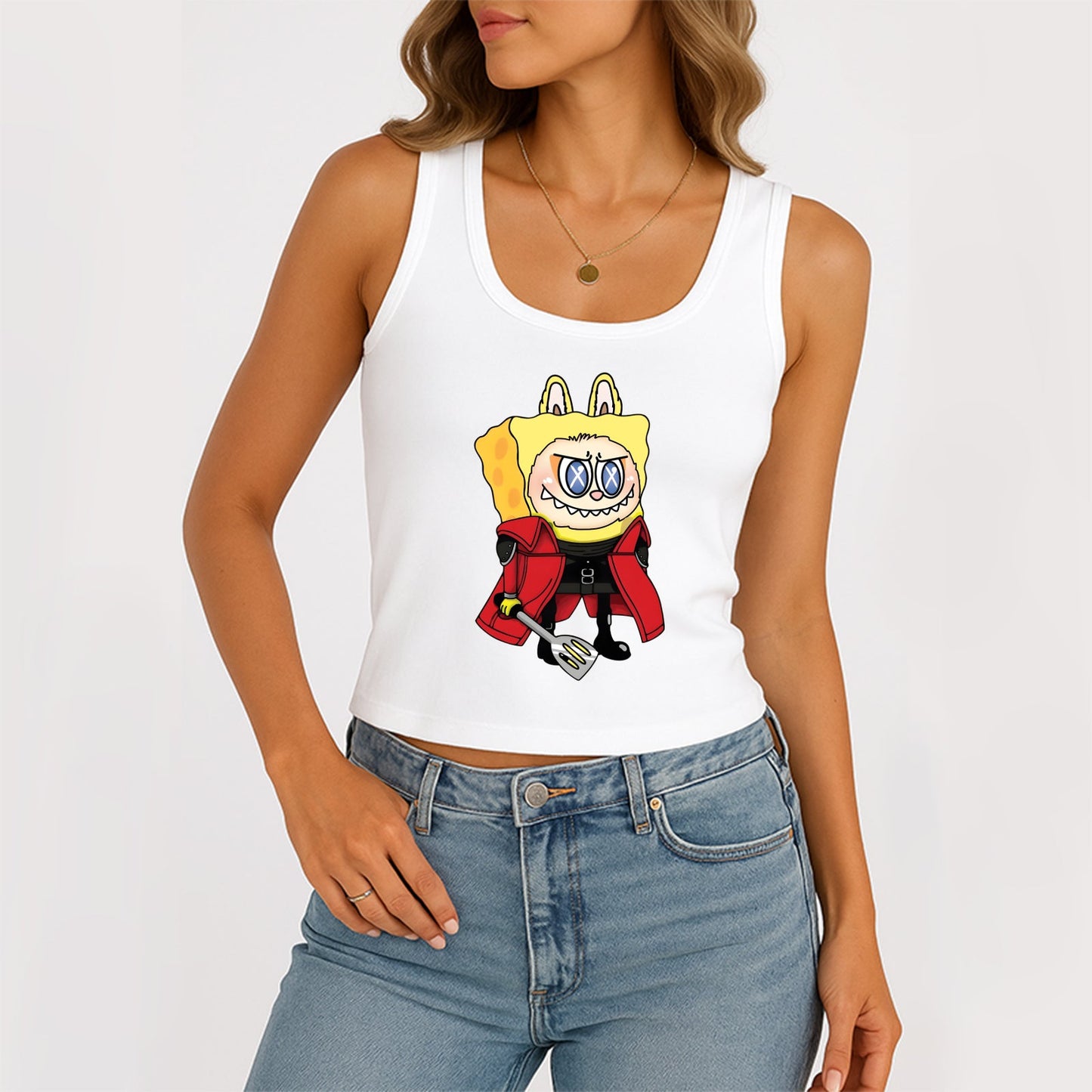 Labubu jako SpongeBob the Monsters Dámské dámské rukávy bez rukávů, žebrovaný nádrž na letní štíhlé roztomilé topy pro Labubu Lover