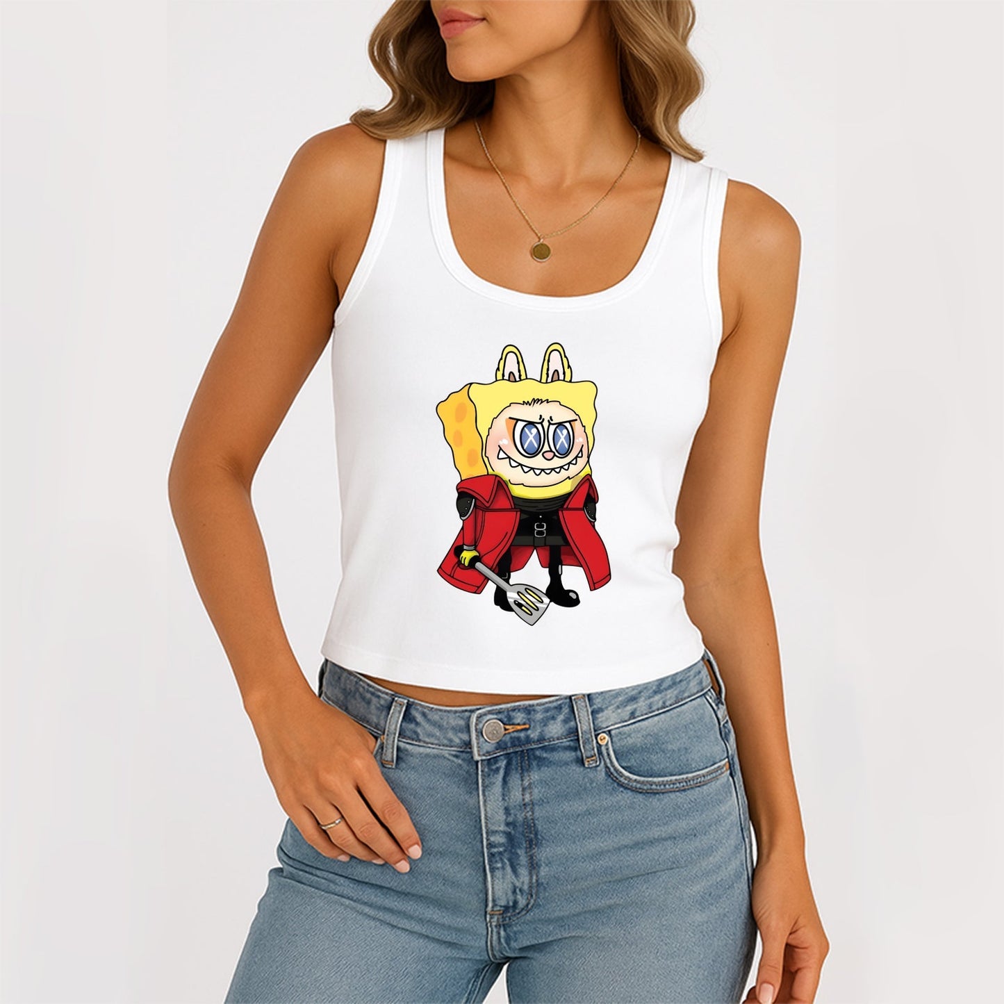 Labubu as SpongeBob The Monsters Women's Sleeveless Scoop Neck Ribbed Tank Summer Basic Slim Cute Tops For Labubu Lover