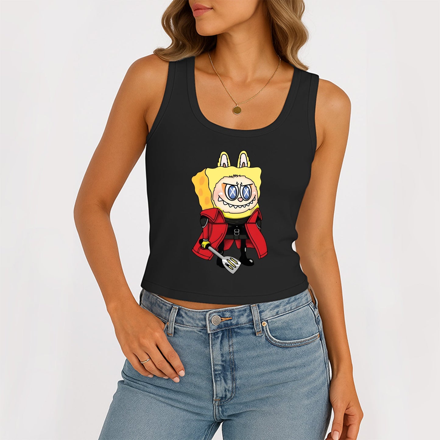 Labubu jako SpongeBob the Monsters Dámské dámské rukávy bez rukávů, žebrovaný nádrž na letní štíhlé roztomilé topy pro Labubu Lover
