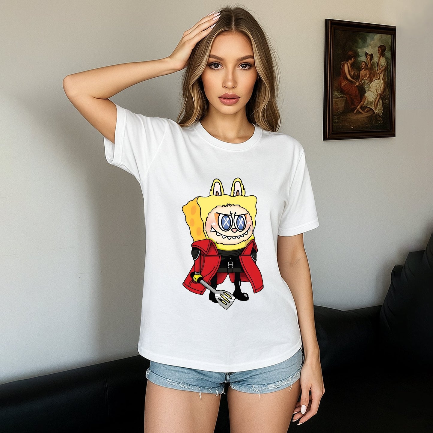 Labubu som SpongeBob Monsters Crew Neck Short Sleeve T-shirt til Labubu Lover Gaver til kæreste