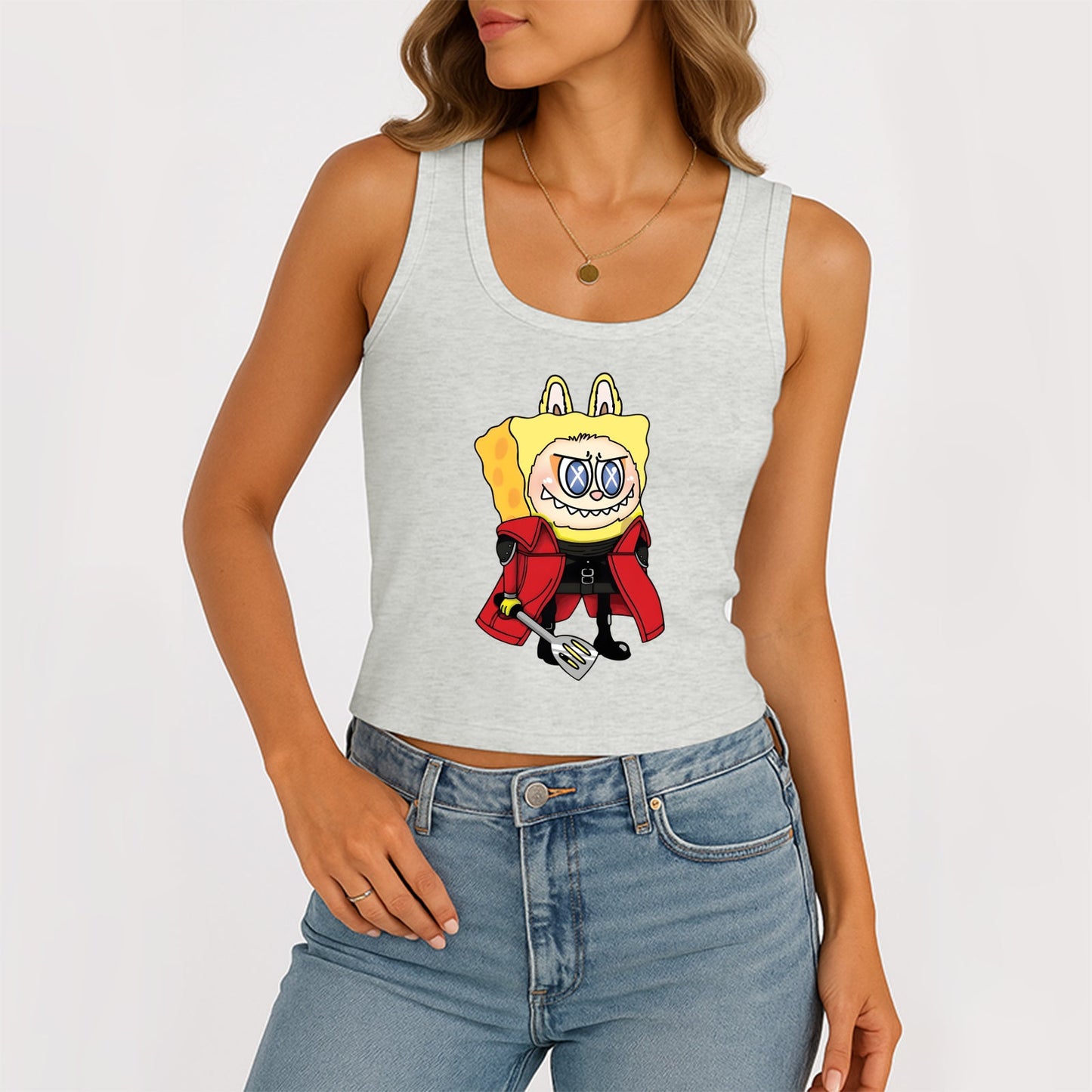 Labubu jako SpongeBob the Monsters Dámské dámské rukávy bez rukávů, žebrovaný nádrž na letní štíhlé roztomilé topy pro Labubu Lover
