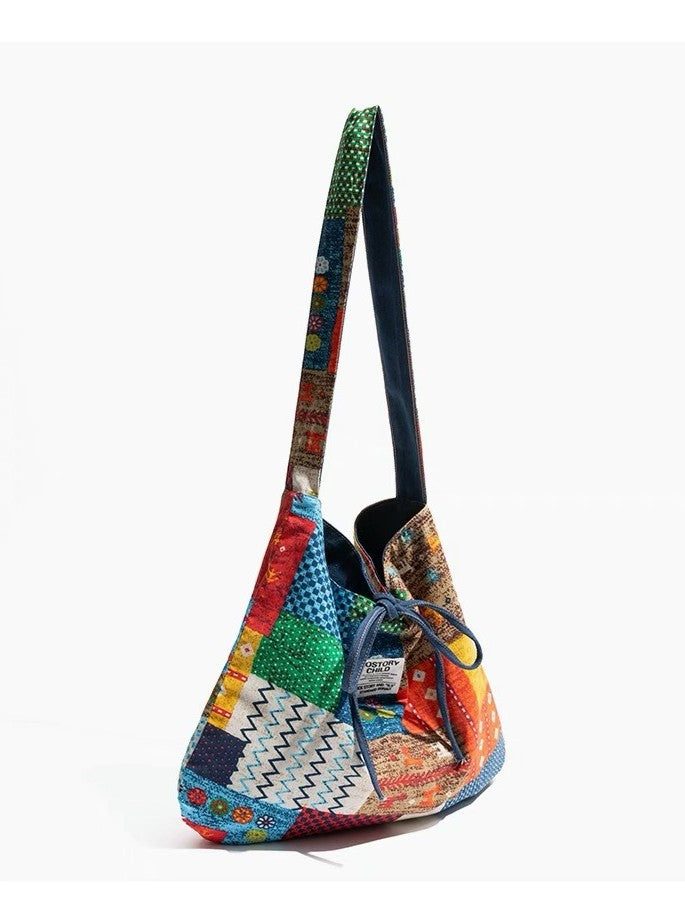 Boho Patchwork Canvas Bolso de hombro: bolso étnico reversible con vibraciones inspiradas en Nepal