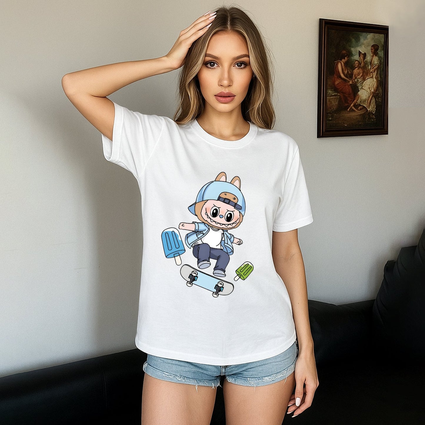 Skater Labubu the Monsters Crew Camiseta para el cuello para los regalos de Labubu Lover para novia