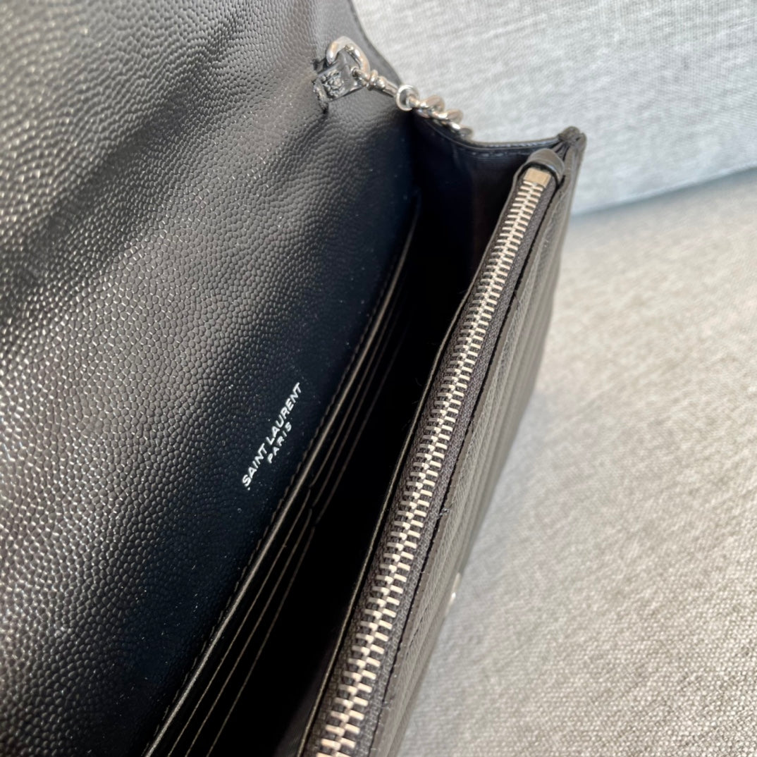 luxury Cassandre Envelope Chain Wallet Black Grain Leather 19x11.5x4 cm