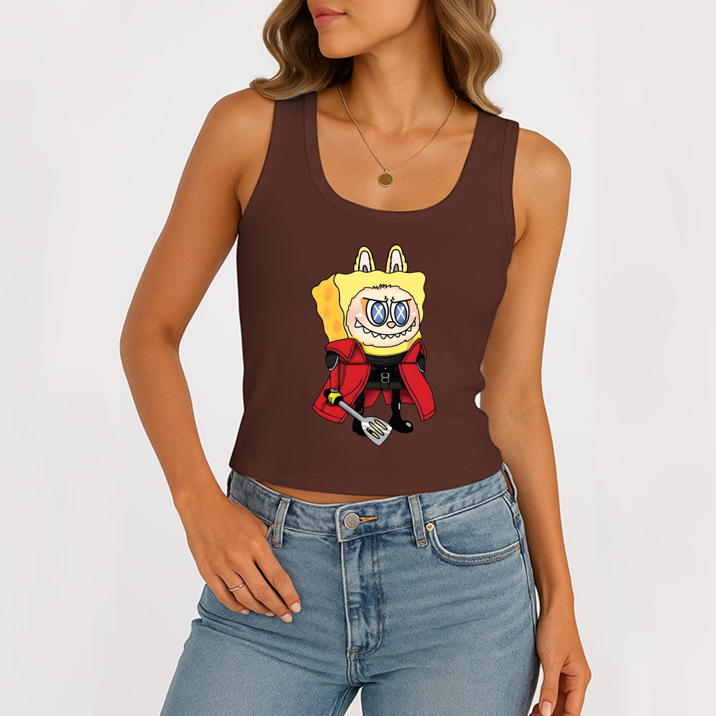 Labubu jako SpongeBob the Monsters Dámské dámské rukávy bez rukávů, žebrovaný nádrž na letní štíhlé roztomilé topy pro Labubu Lover