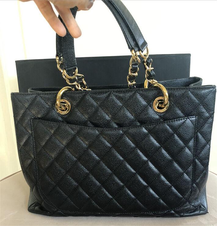 Authentic luxury CC BlackGold Caviar Quilted Grand Shopping Tote