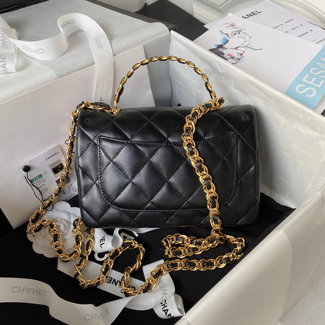 luxury Flap Bag Gold Top Handle Black - 13X21X8cm