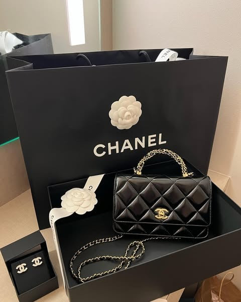 luxury 24B WOC Top Handle in Black Shiny Lambskin GHW
