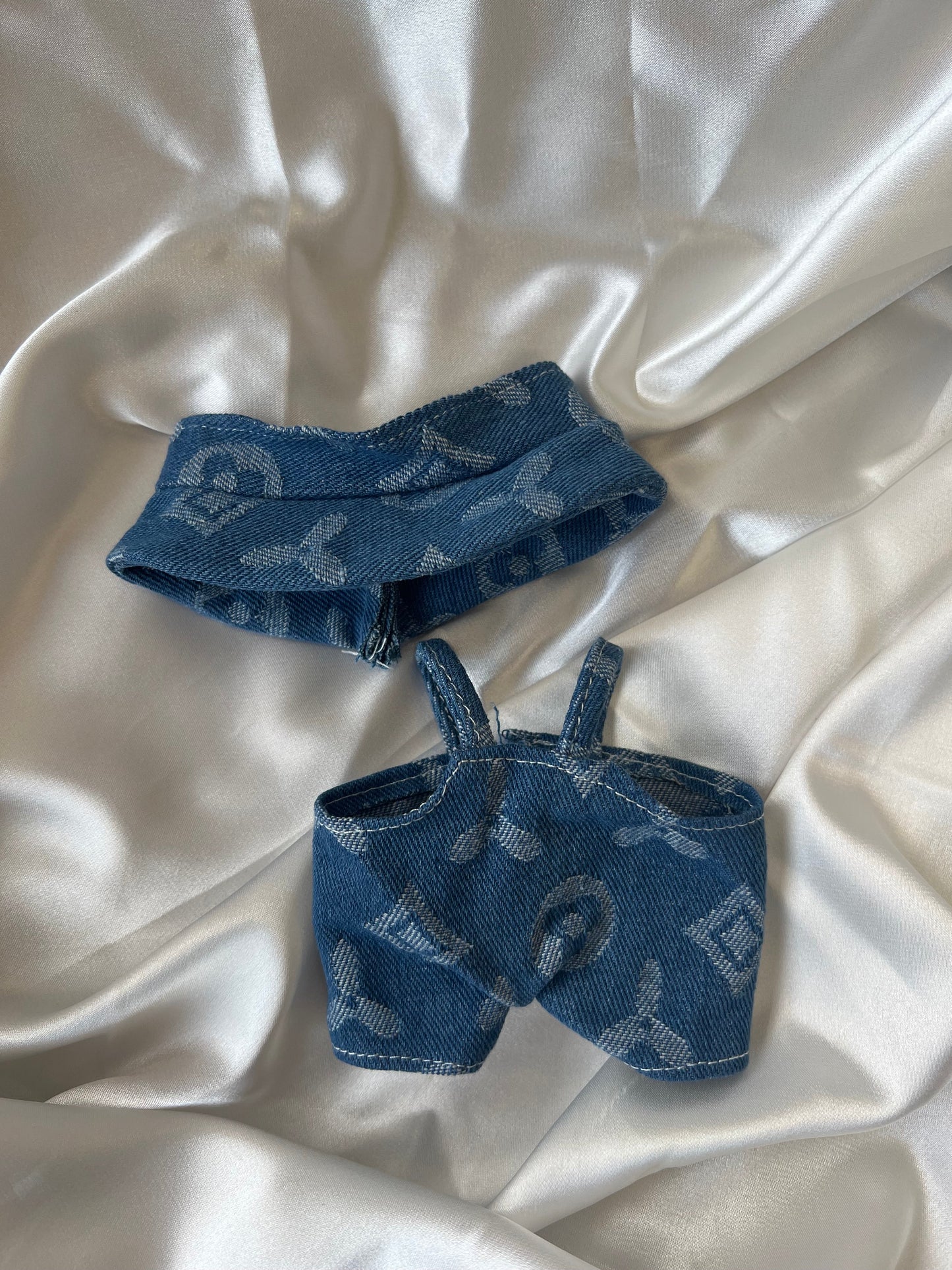 Labubu L.V. Inspired Blue Monogram Denim Set - Overalls & Bucket Hat