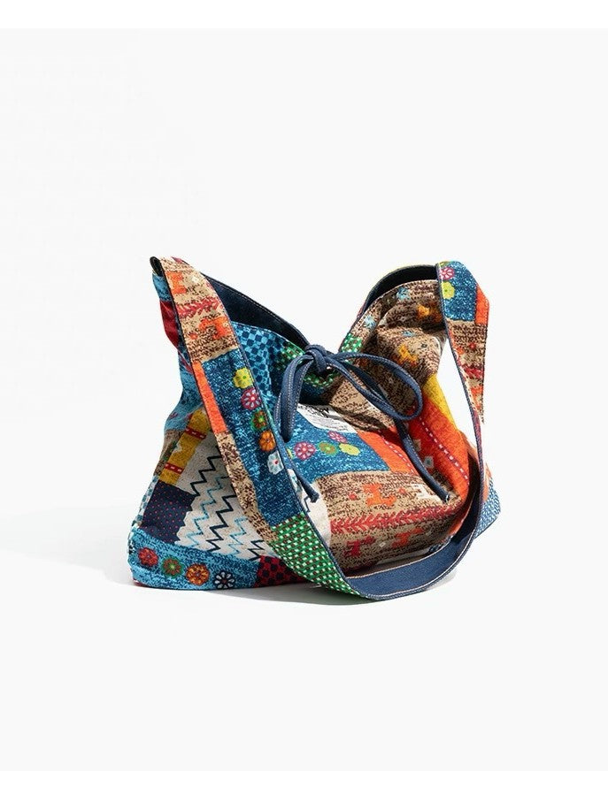 Boho Patchwork Canvas Bolso de hombro: bolso étnico reversible con vibraciones inspiradas en Nepal