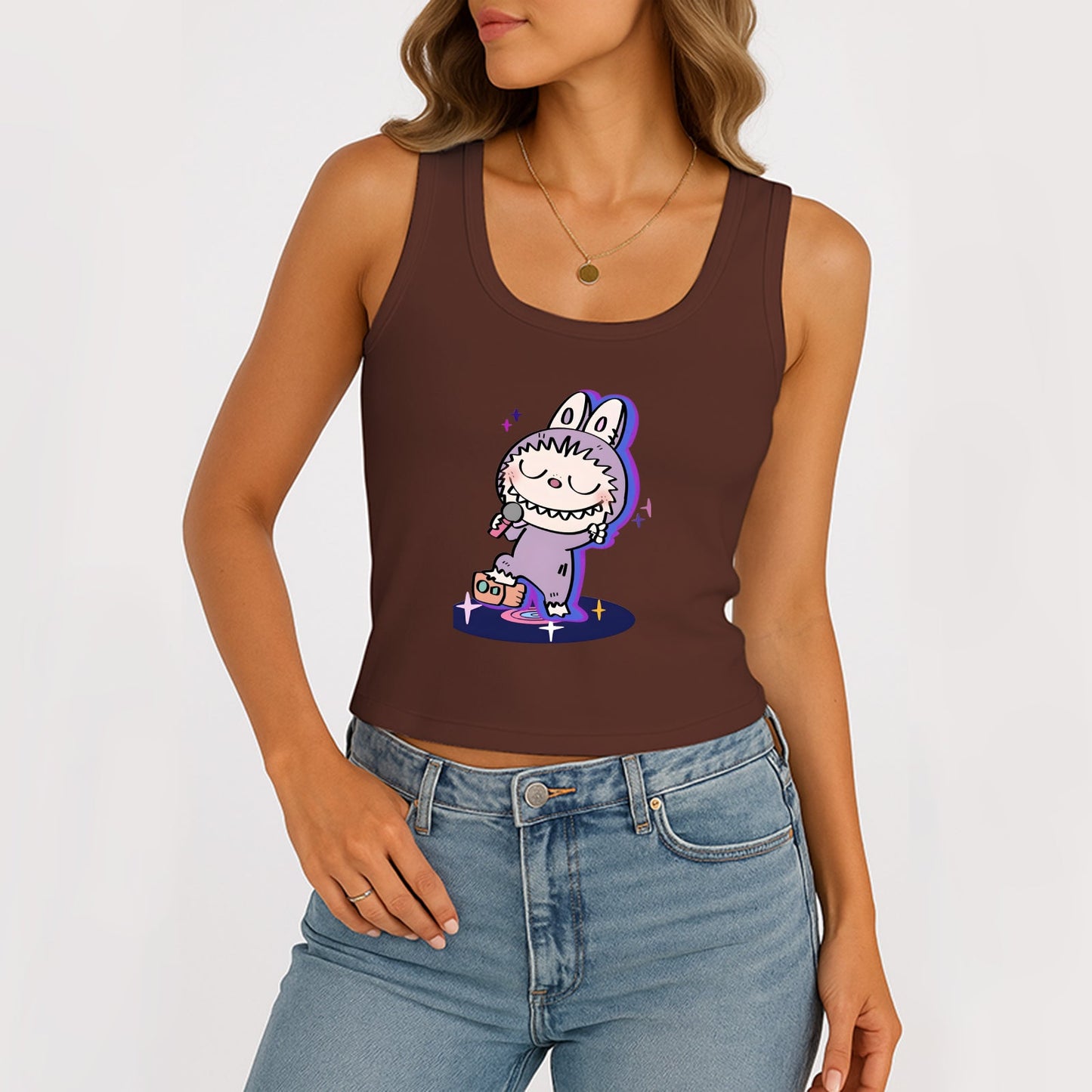 Happy LaBubu The Monsters Dámské rukávy bez rukávů na kopeček žebrované nádrž Summer Basic Slim Cute Tops pro Labubu Lover