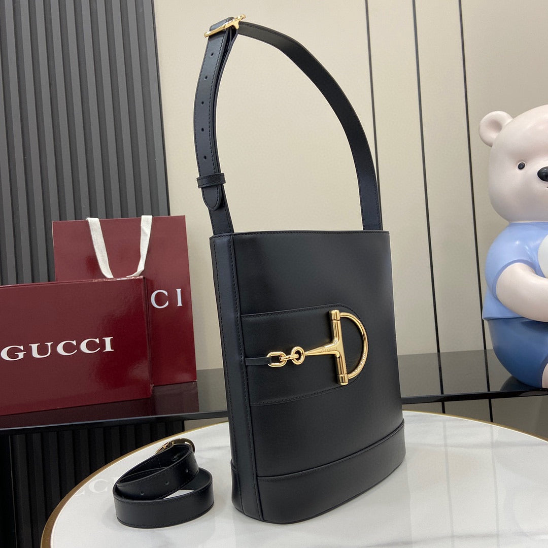 luxury small horsebit embellished leather bucket bag