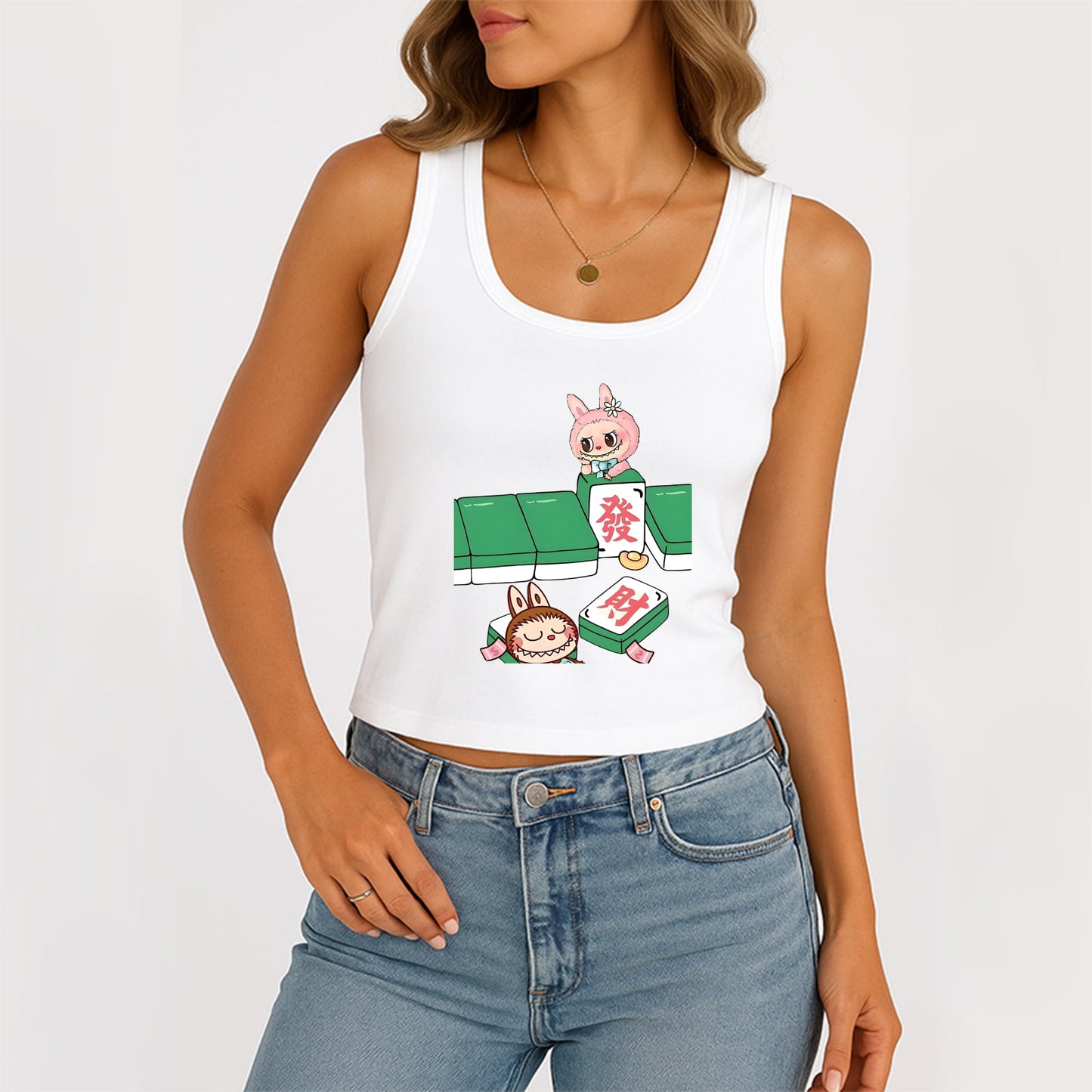 Mahjong LaBubu The Monsters Dámské sběrky bez rukávů na krk žebrované nádrž Summer Slim Slim Cute Tops pro Labubu Lover