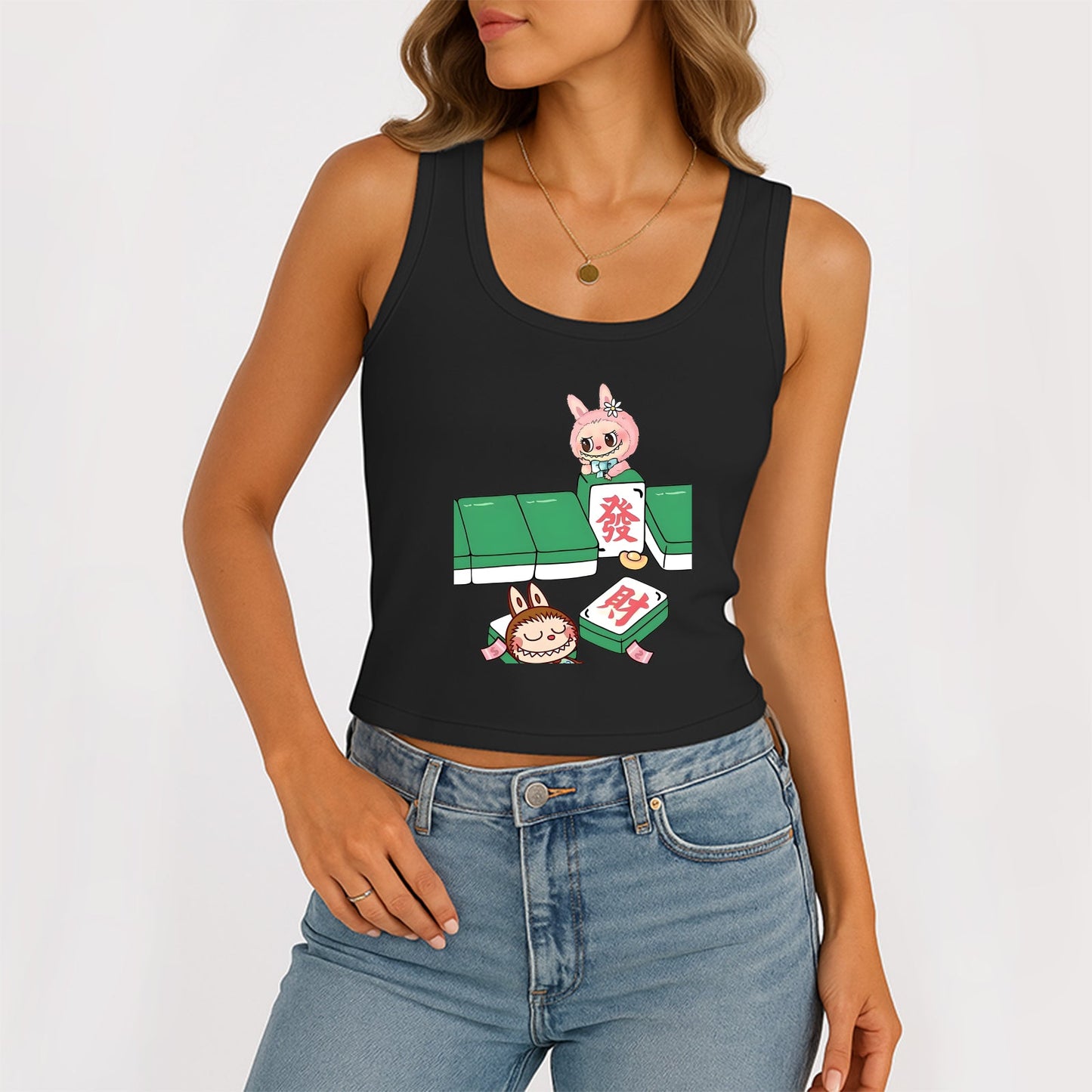 Mahjong LaBubu The Monsters Dámské sběrky bez rukávů na krk žebrované nádrž Summer Slim Slim Cute Tops pro Labubu Lover