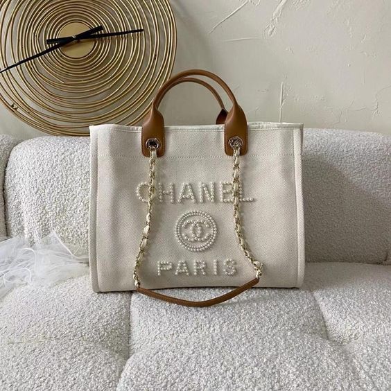 luxury Pearl Deauville Tote Bag in Beige