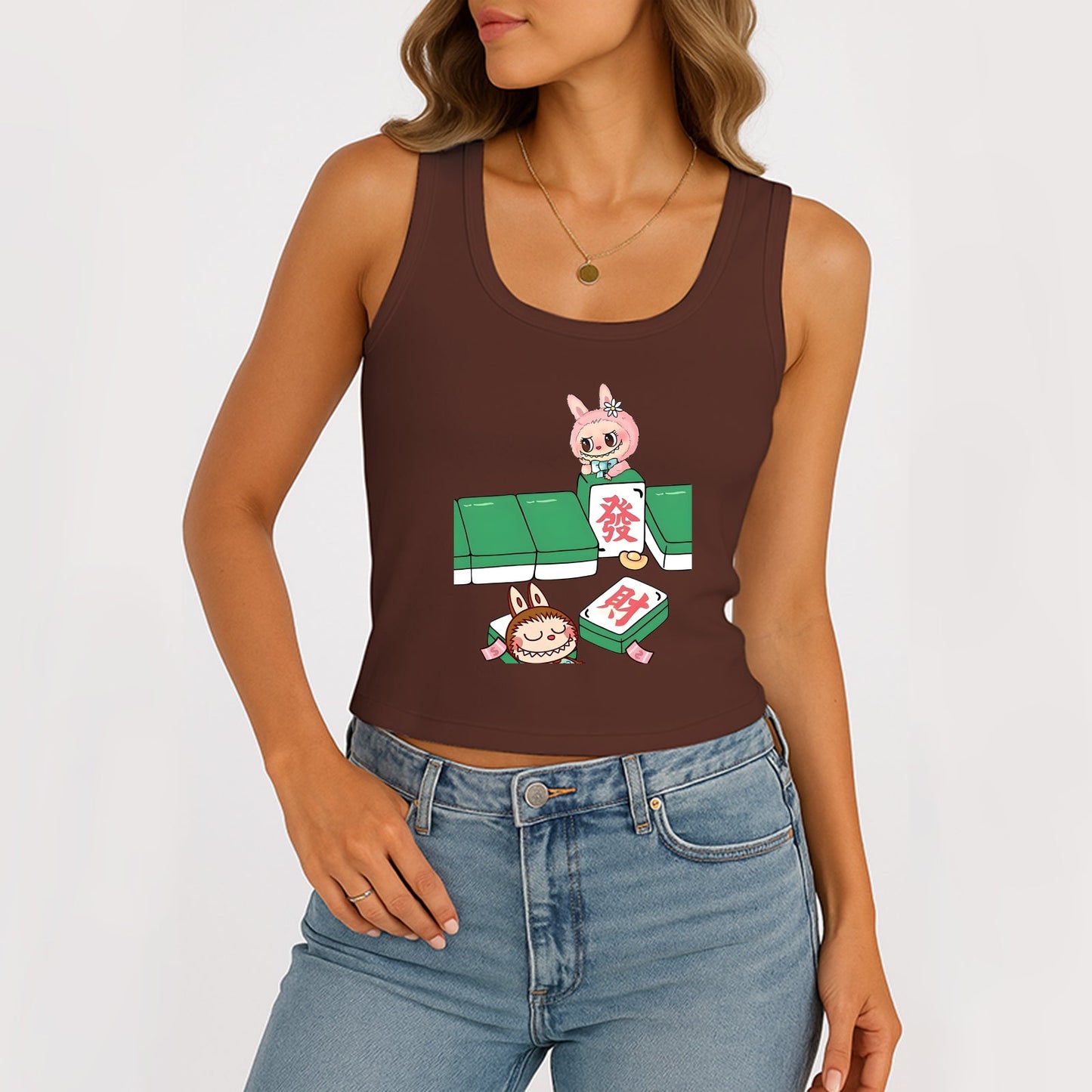 Mahjong LaBubu The Monsters Dámské sběrky bez rukávů na krk žebrované nádrž Summer Slim Slim Cute Tops pro Labubu Lover