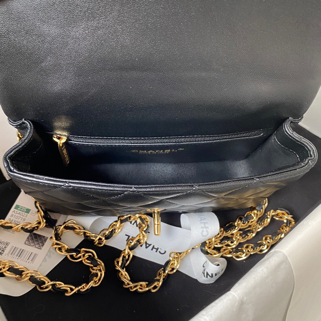 luxury Flap Bag Gold Top Handle Black - 13X21X8cm