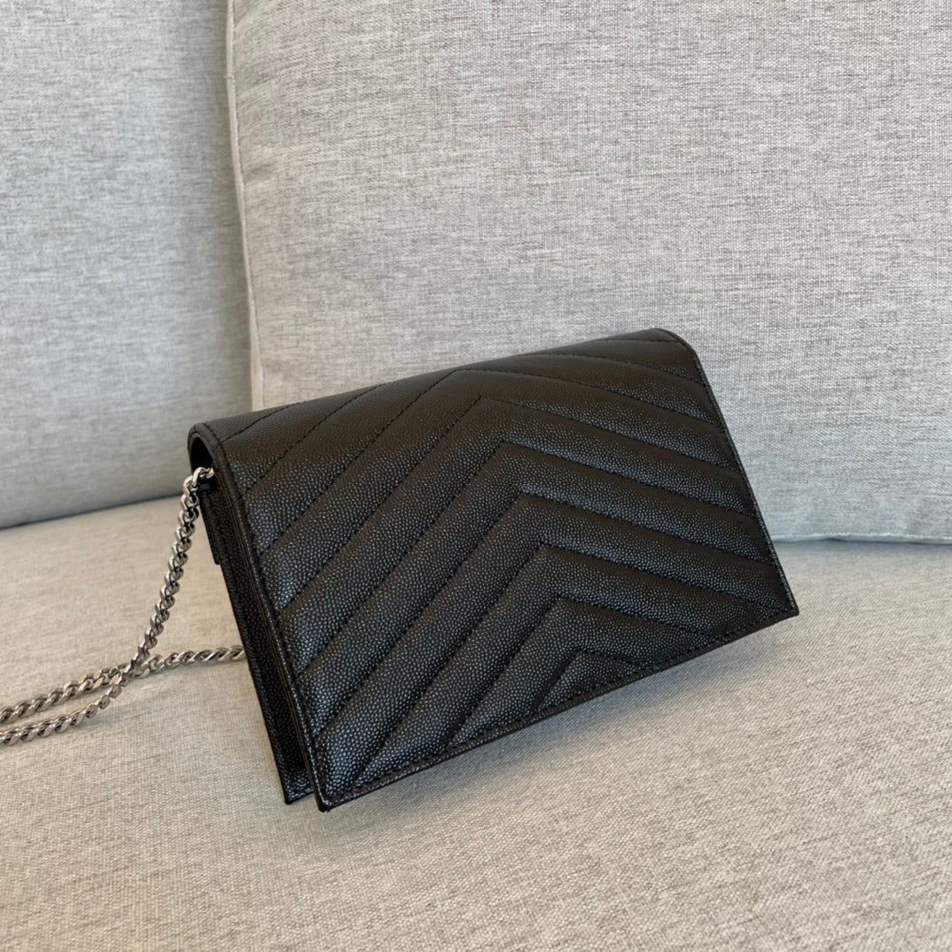 luxury Cassandre Envelope Chain Wallet Black Grain Leather 19x11.5x4 cm