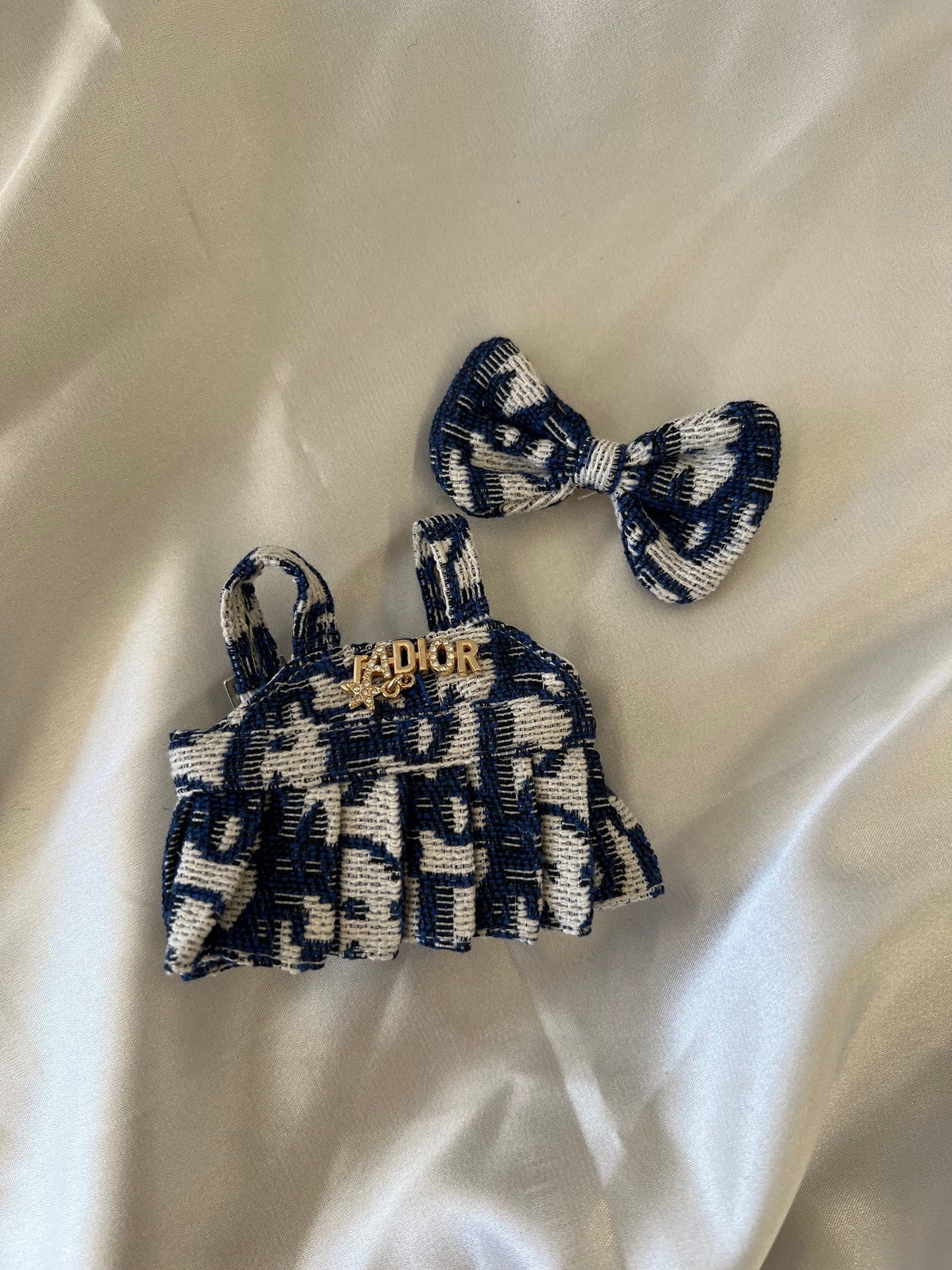 Labubu CD Inspired Navy & White Tweed Dress Set with Bow