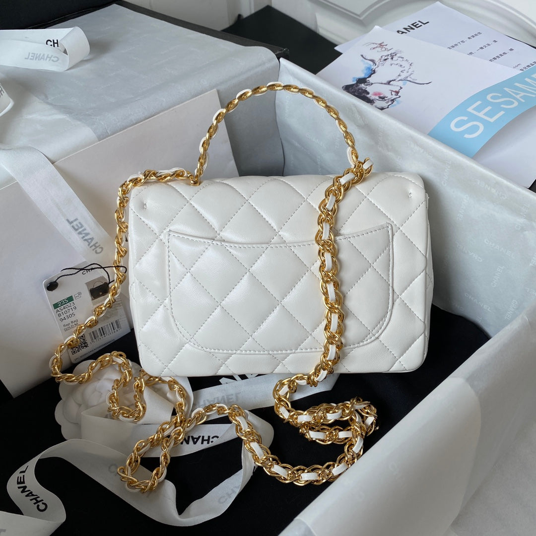 luxury Flap Bag Gold Top Handle White - 13X21X8cm