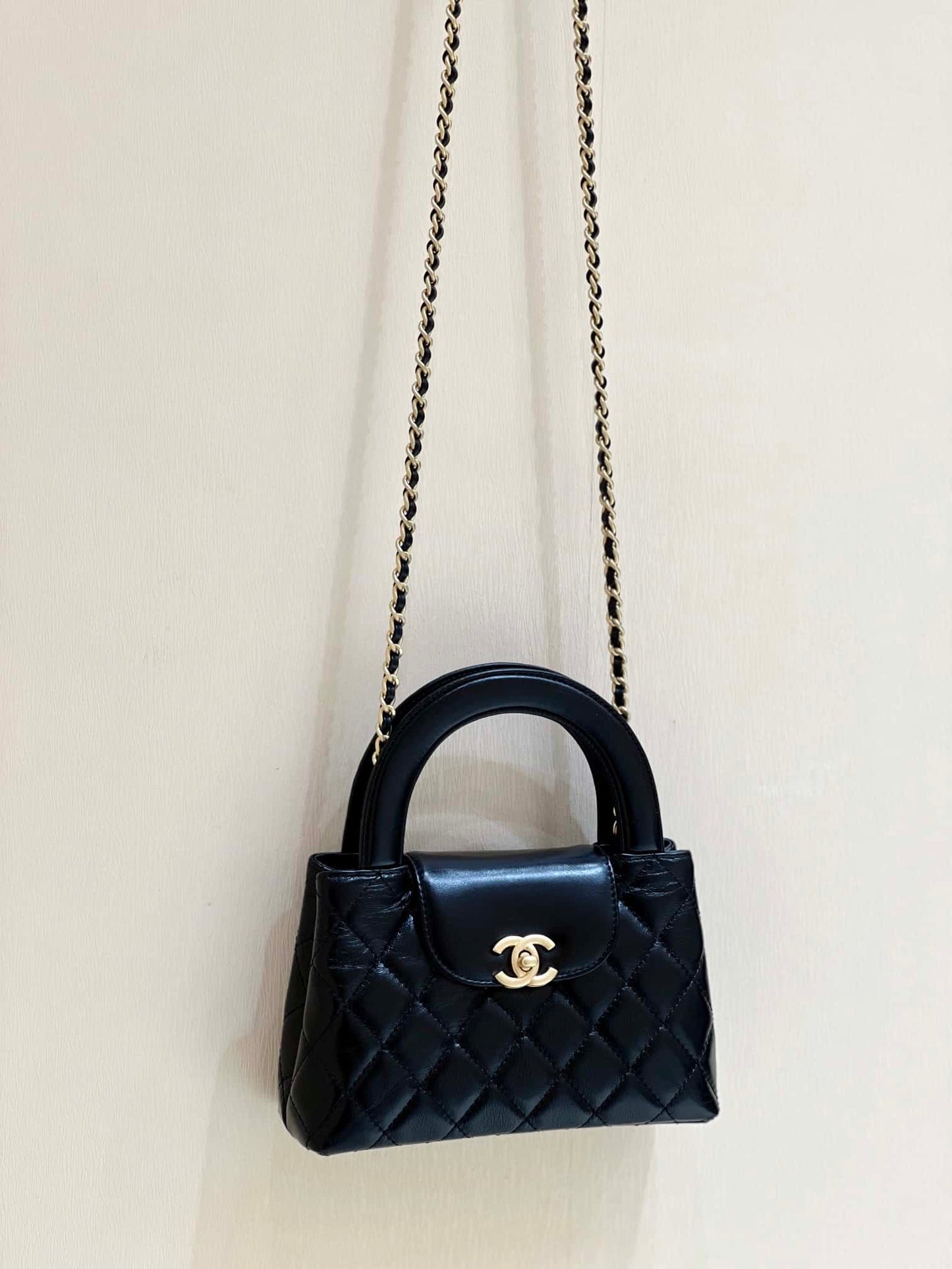 luxury Kelly Mini Shopping Bag Mini 23K Shiny Aged Calfskin Black 13x19x7cm