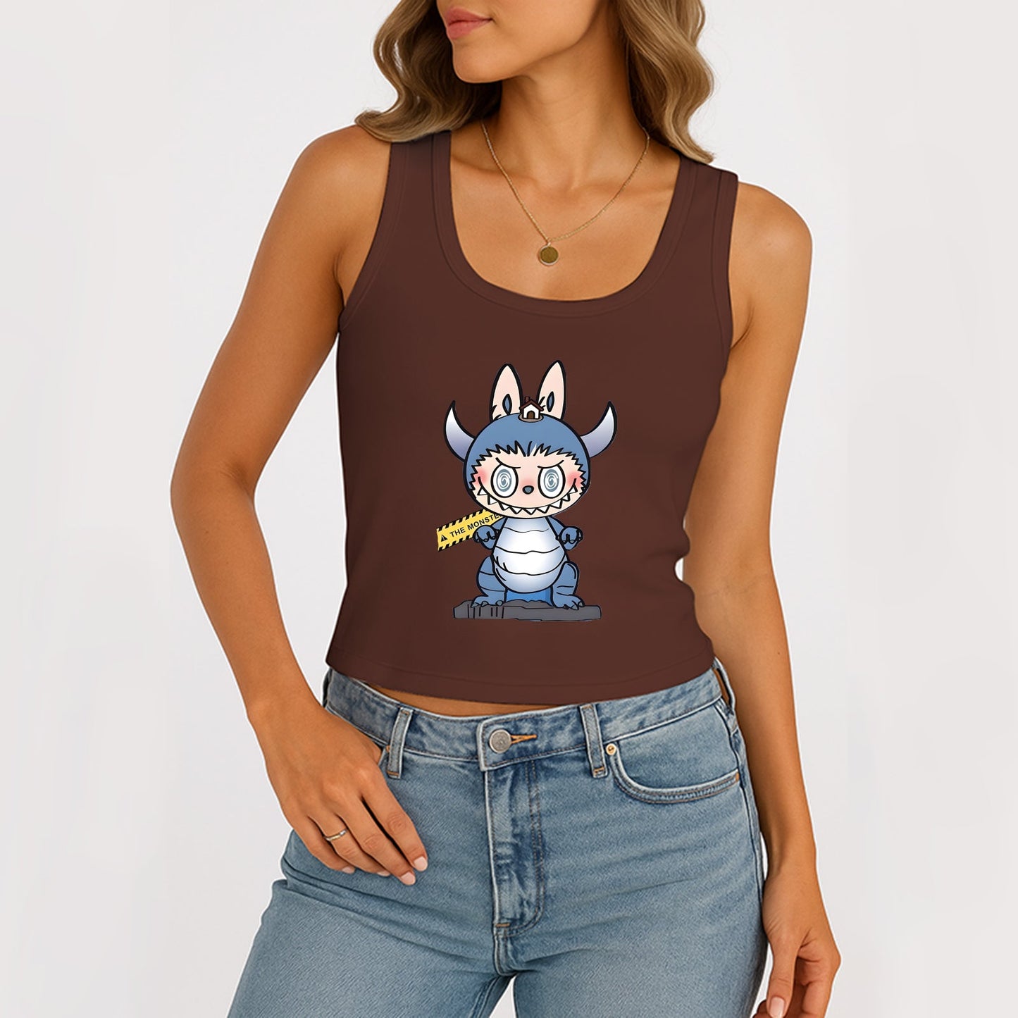 Labubu The Monsters Dámské rukávy, kopeček na krk žebrovaný nádrž Summer Basic Slim Cute Tops pro Labubu Lover