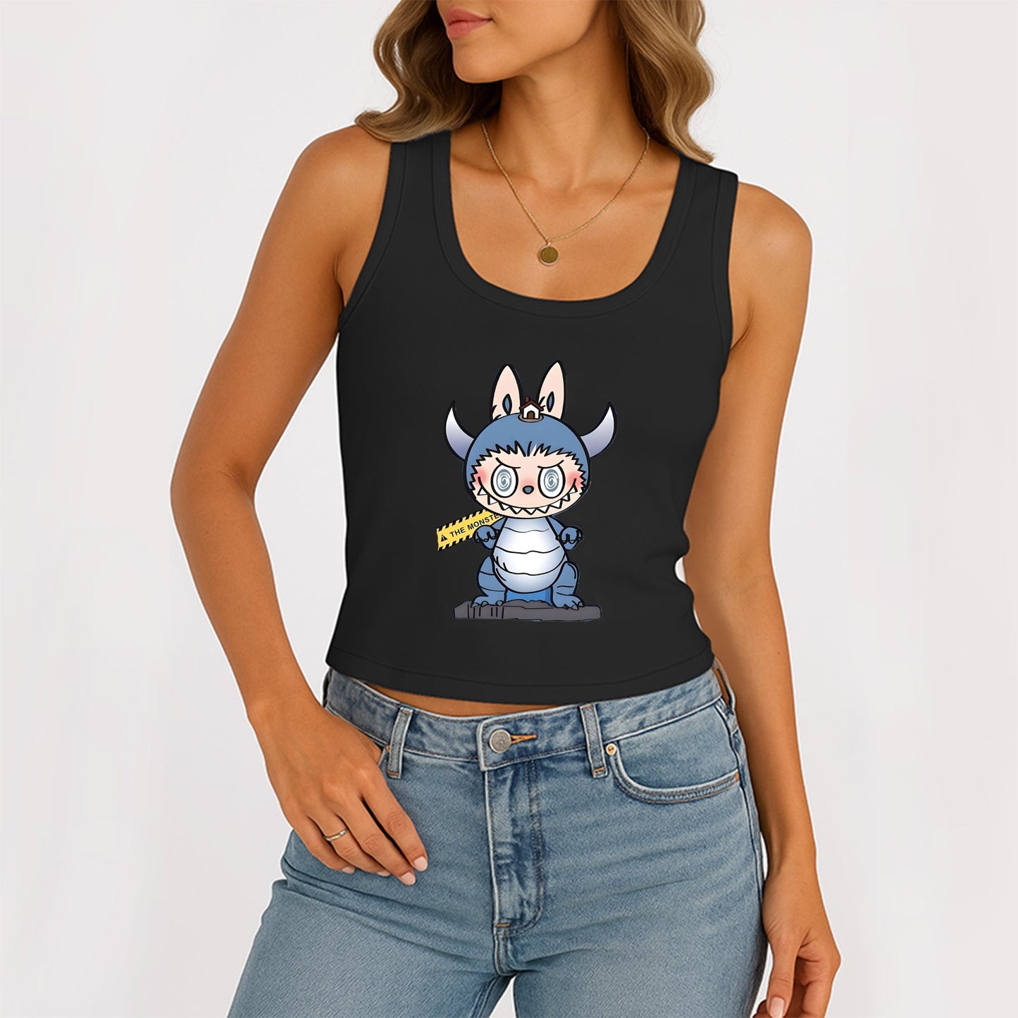 Labubu The Monsters Dámské rukávy, kopeček na krk žebrovaný nádrž Summer Basic Slim Cute Tops pro Labubu Lover