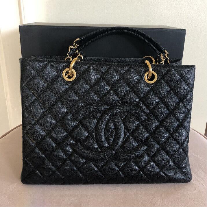 Authentic luxury CC BlackGold Caviar Quilted Grand Shopping Tote