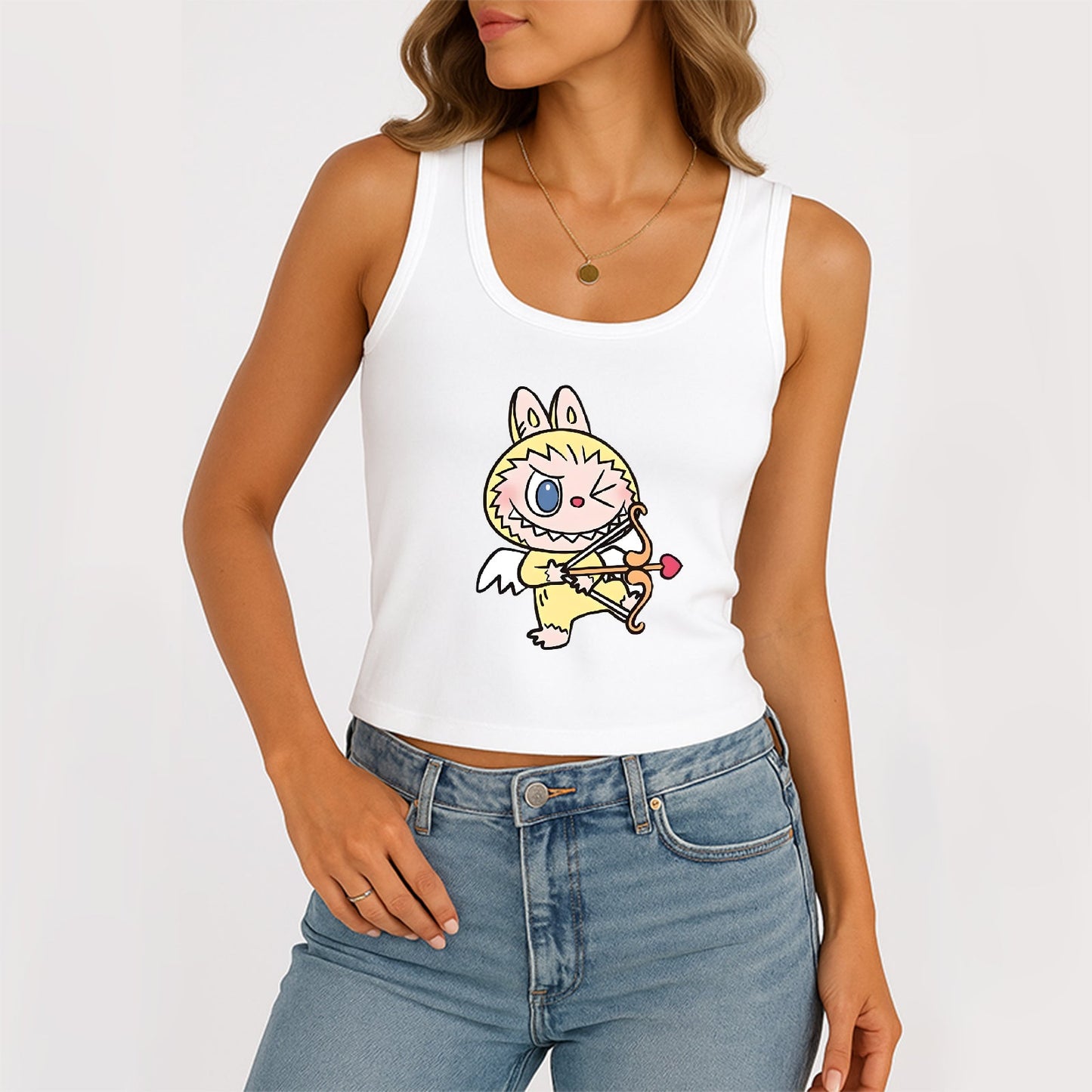 Cupid LaBubu The Monsters Dámské dámské rukávy bez rukávů na krk žebrované nádrž Summer Basic Slim Cute Tops pro Labubu Lover