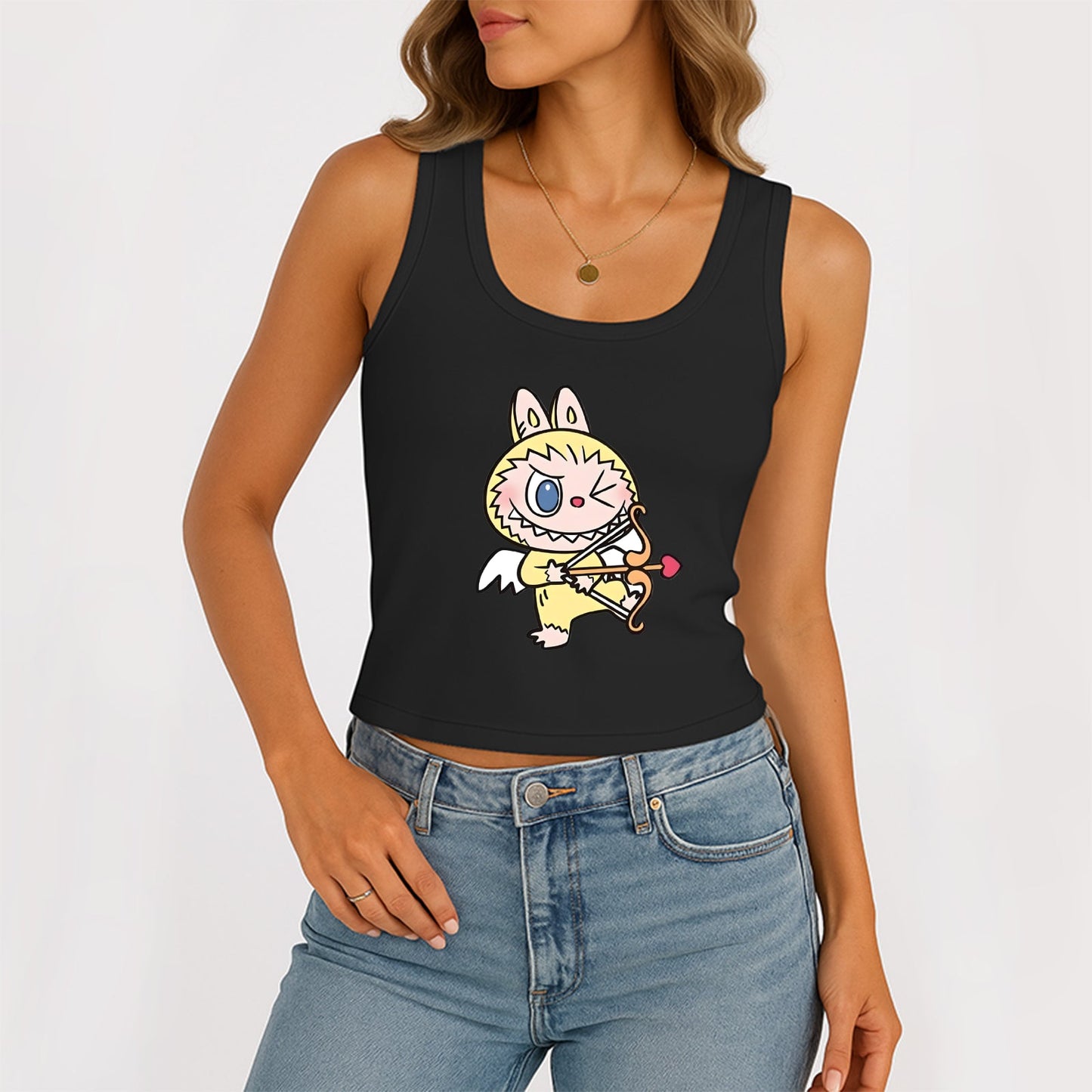 Cupid LaBubu The Monsters Dámské dámské rukávy bez rukávů na krk žebrované nádrž Summer Basic Slim Cute Tops pro Labubu Lover
