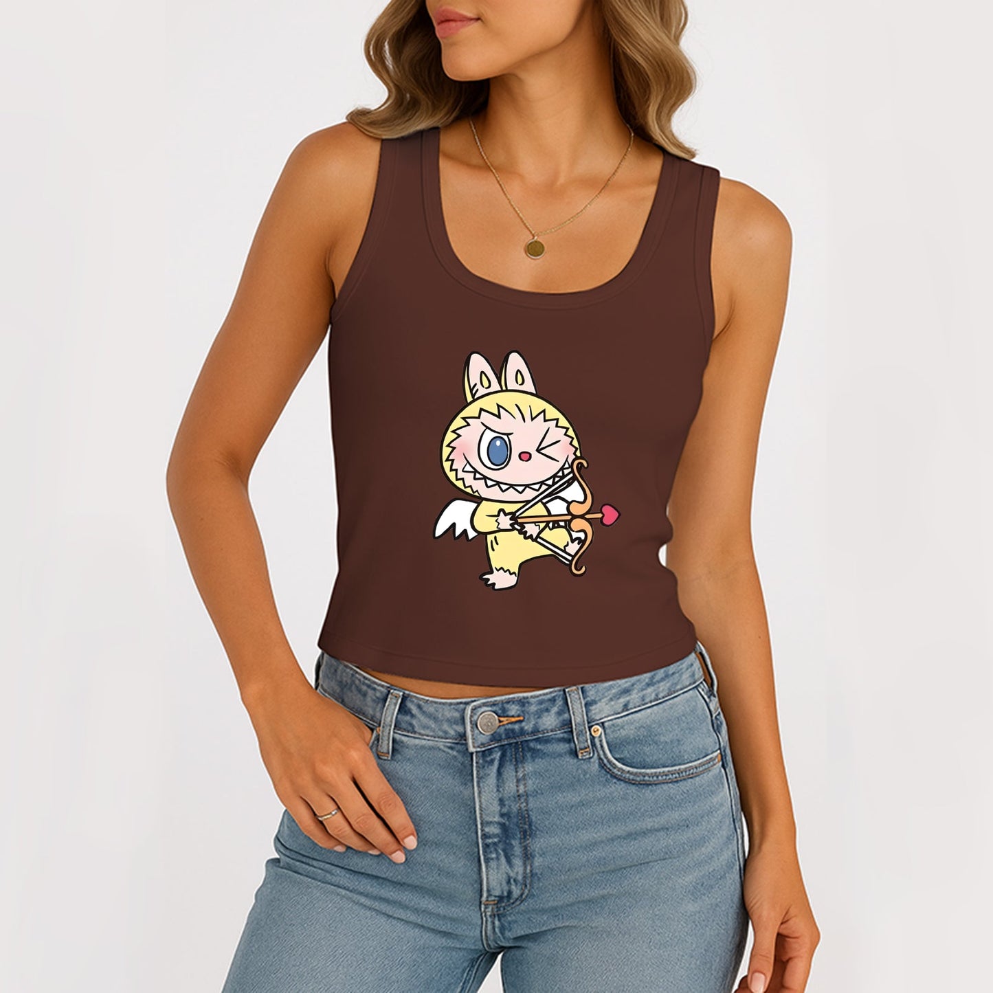 Cupid LaBubu The Monsters Dámské dámské rukávy bez rukávů na krk žebrované nádrž Summer Basic Slim Cute Tops pro Labubu Lover