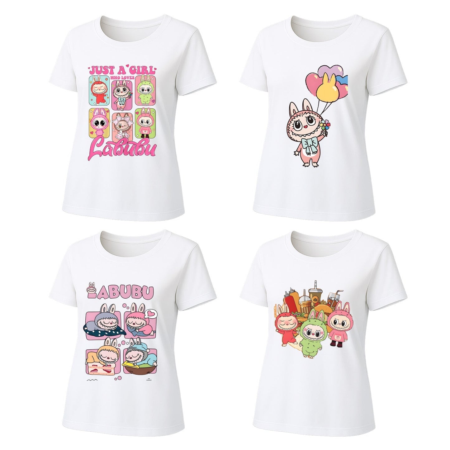 Labubu T-Shirt 4 Pack, Short Sleeve Crew Neck Tees, Summer Graphic Tops for Women, Unisex S-3XL