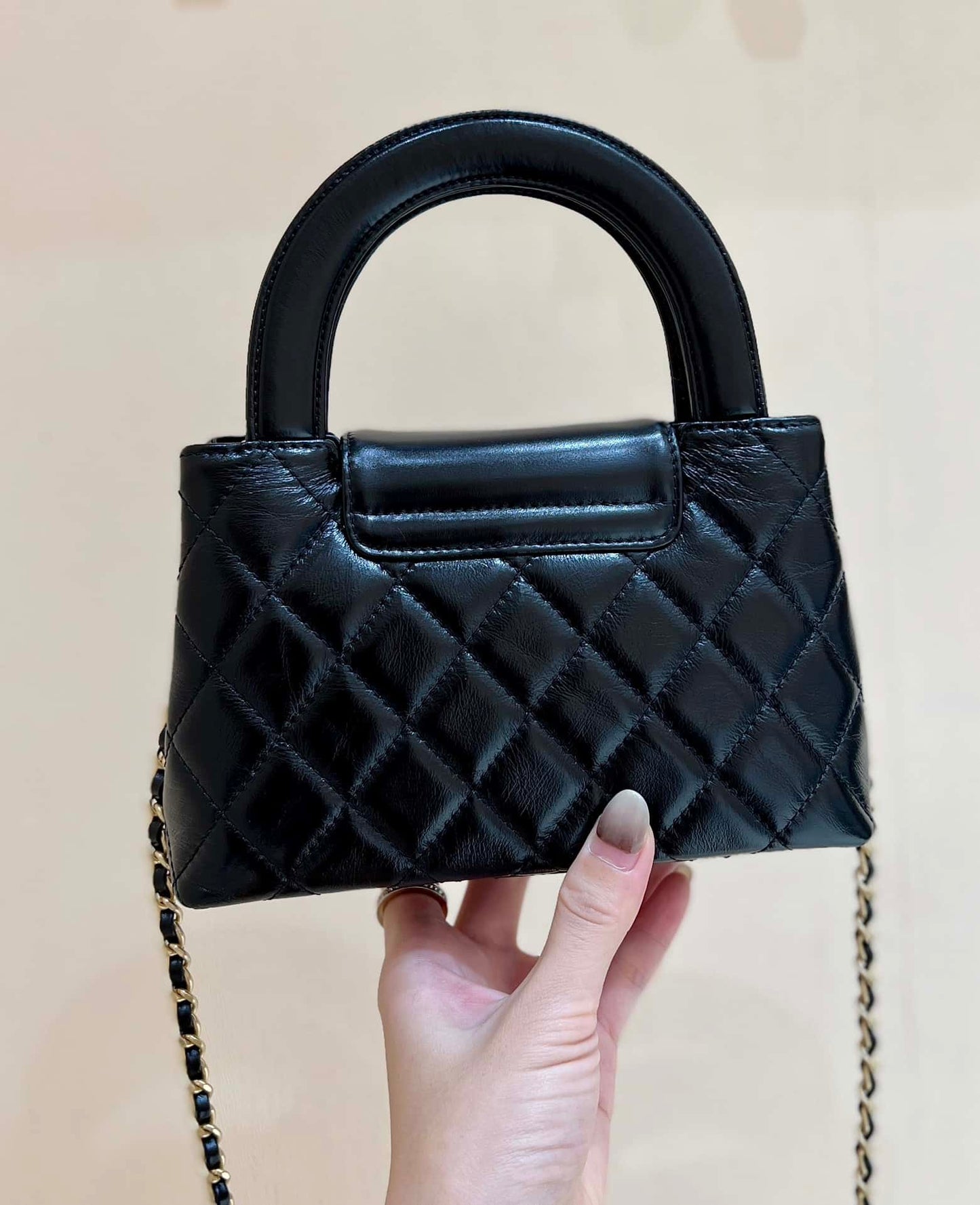luxury Kelly Mini Shopping Bag Mini 23K Shiny Aged Calfskin Black 13x19x7cm