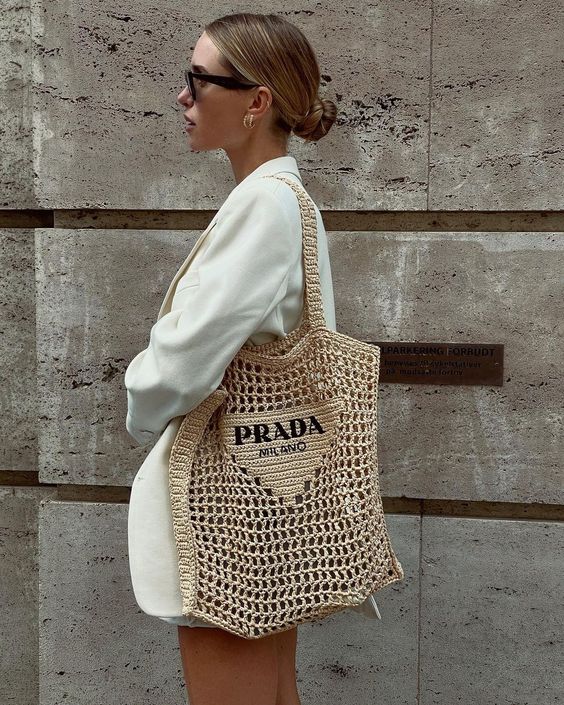 luxury Women's Natural Crochet Tote Bag-Khaki