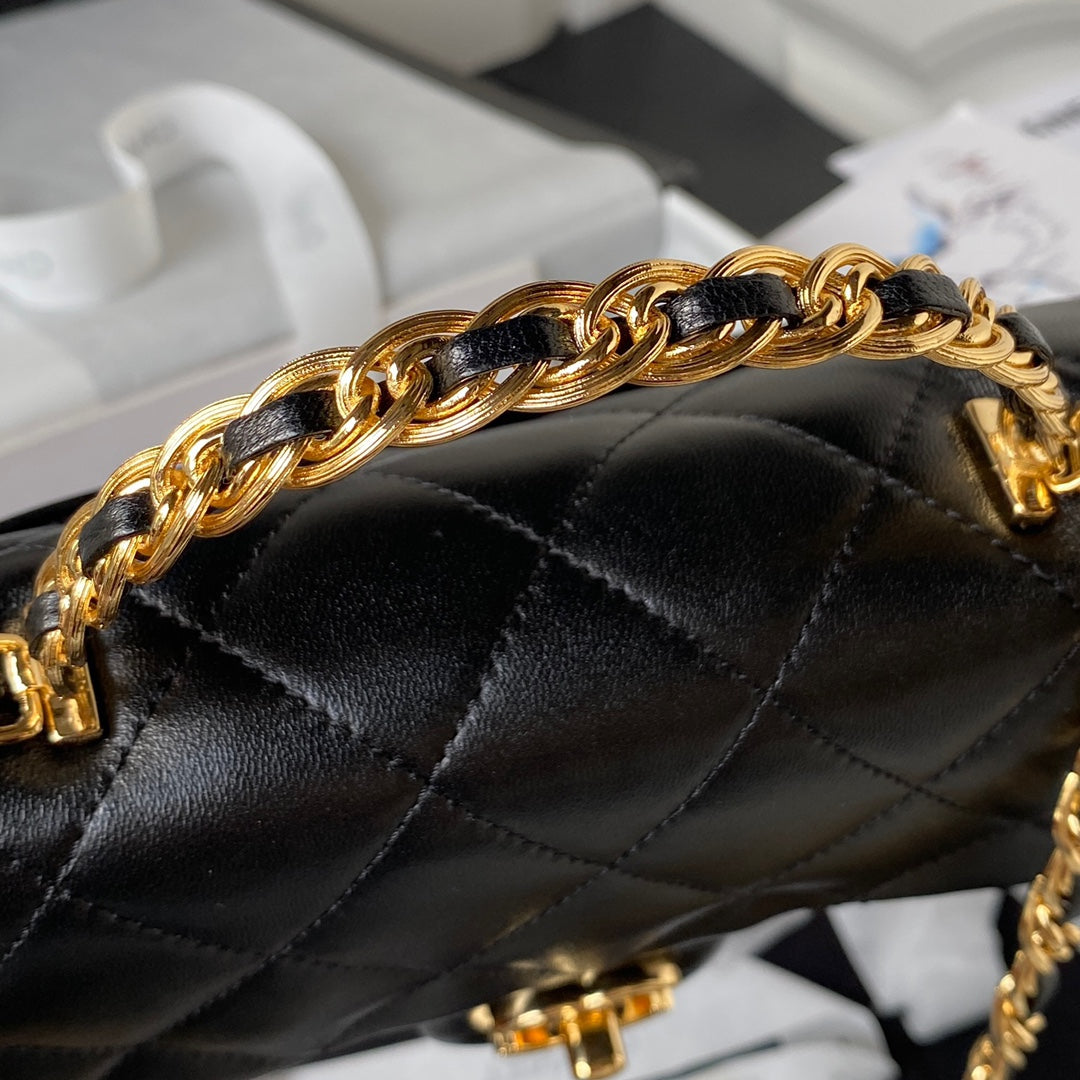 luxury Flap Bag Gold Top Handle Black - 13X21X8cm