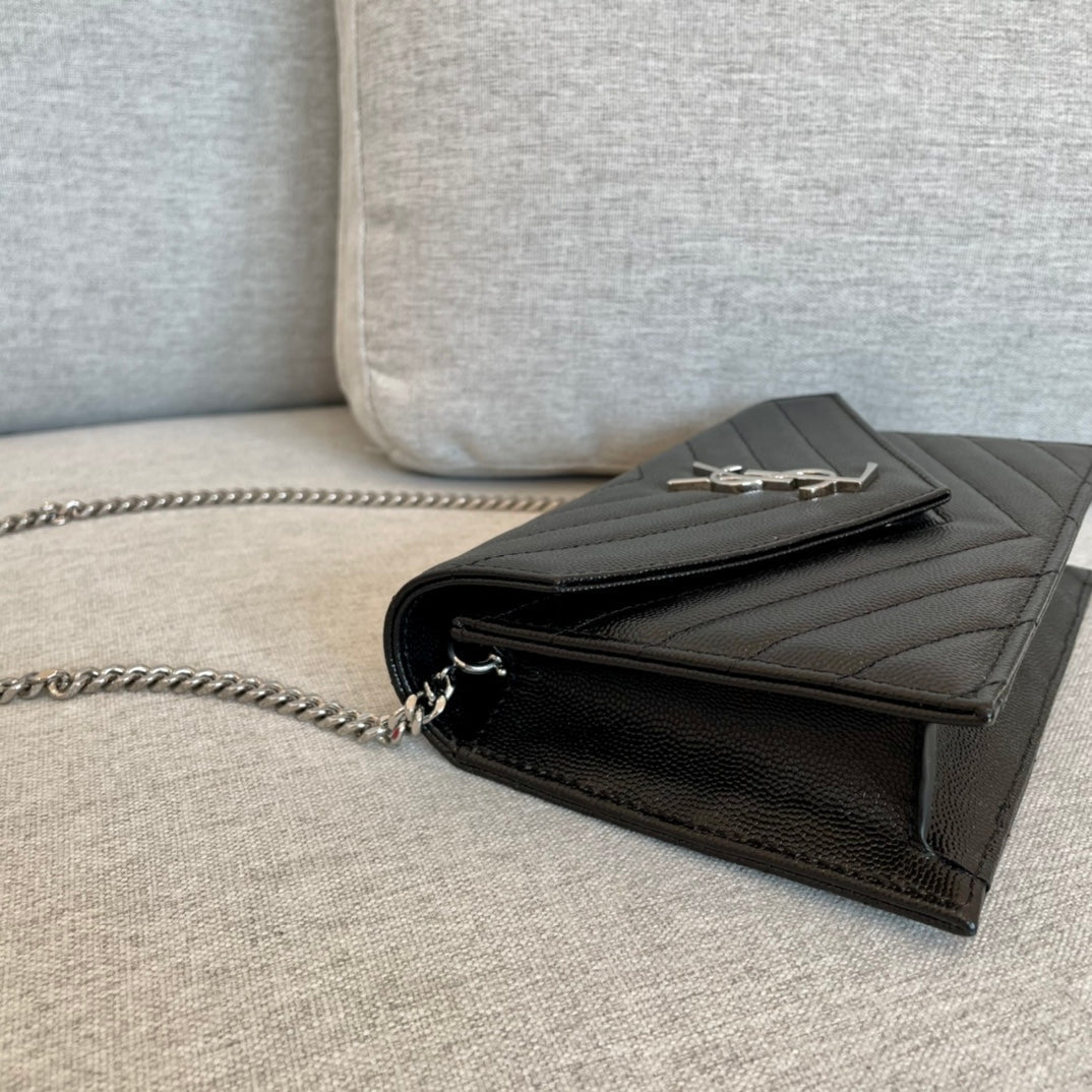 luxury Cassandre Envelope Chain Wallet Black Grain Leather 19x11.5x4 cm