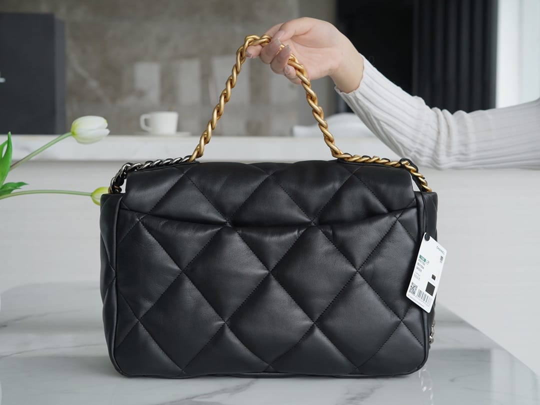 luxury 19BAG AS1162 black gold buckle large bag 25X36X11cm