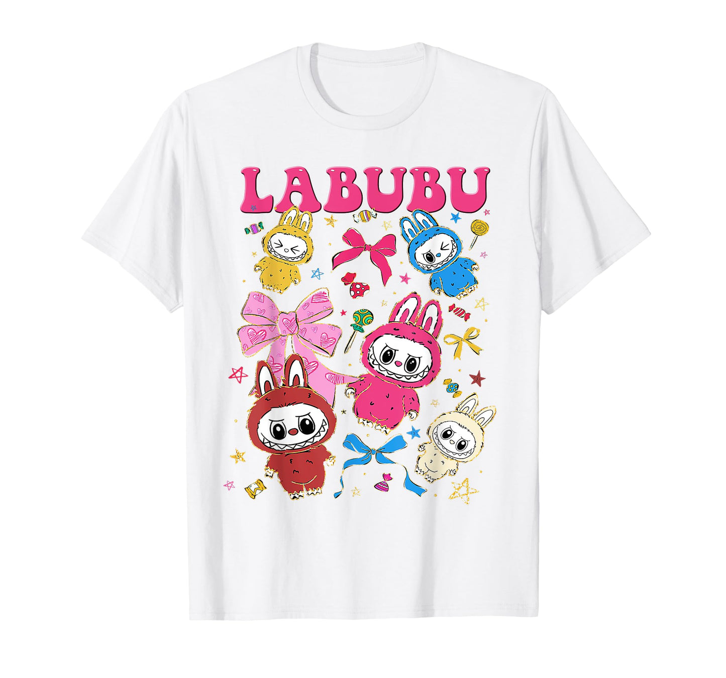 Funny Labubu the Monsters Crew Teck Camiseta de manga corta Regalo para Labubu Lover White